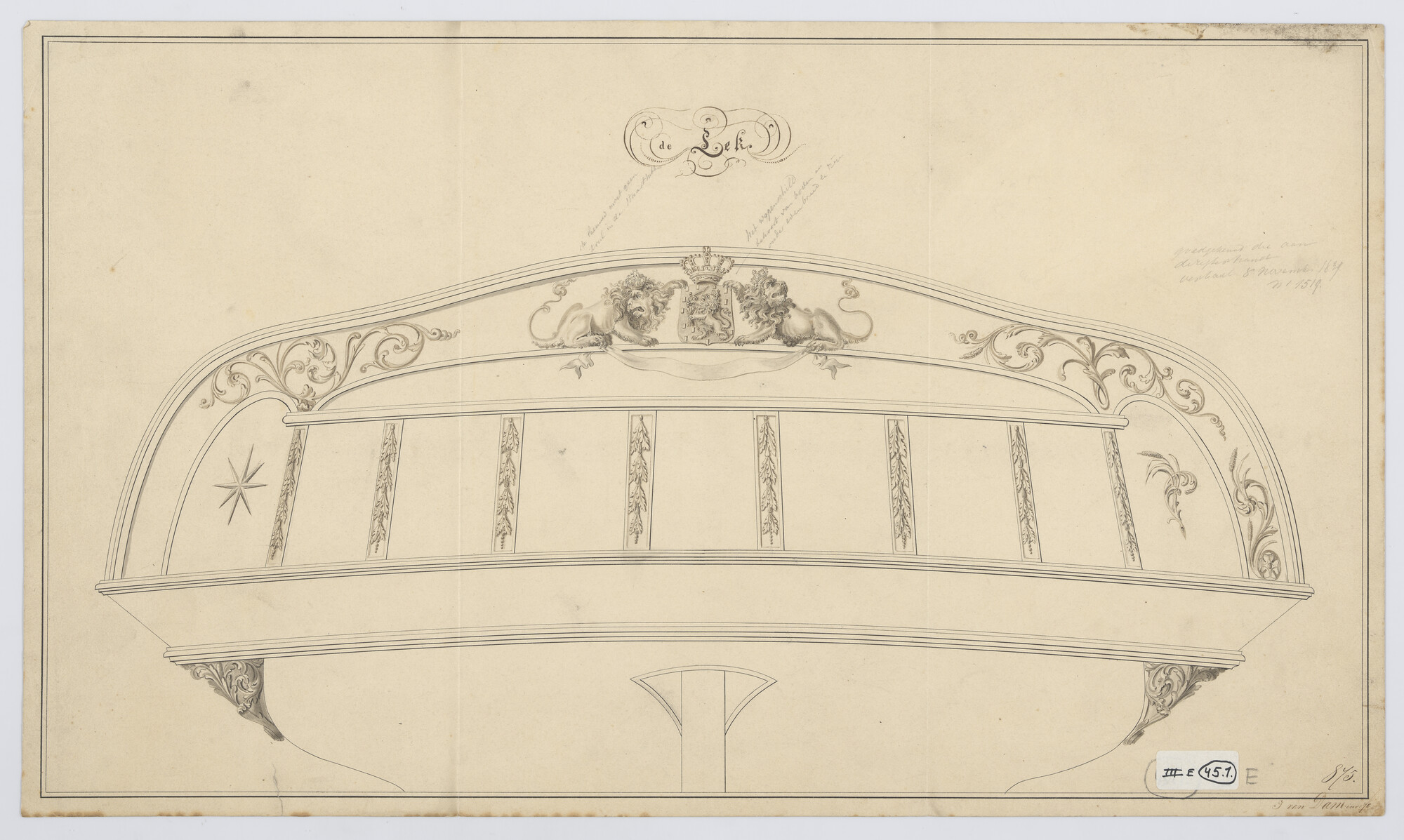 S.1214(0281); Spiegel van het fregat Zr.Ms. 'Lek'; technische tekening