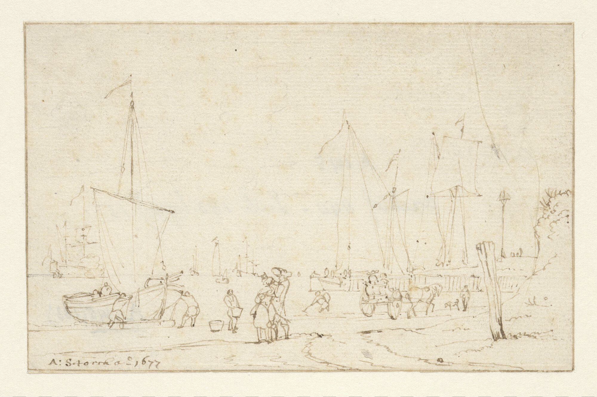 A.0145(183)15; Pinkje op het strand nabij een haveningang; tekening