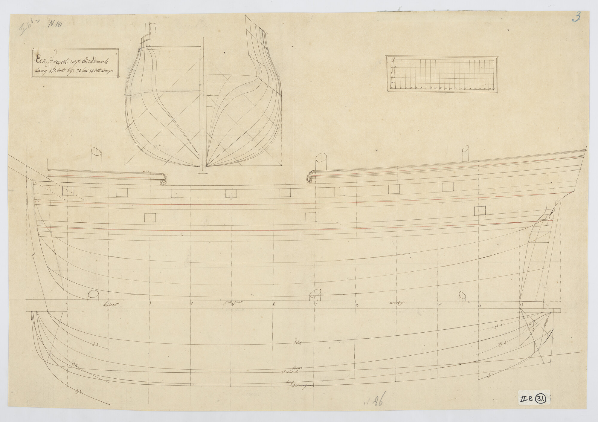 S.0305(41); Lijnenplan van een fregat van 22 stukken; technische tekening
