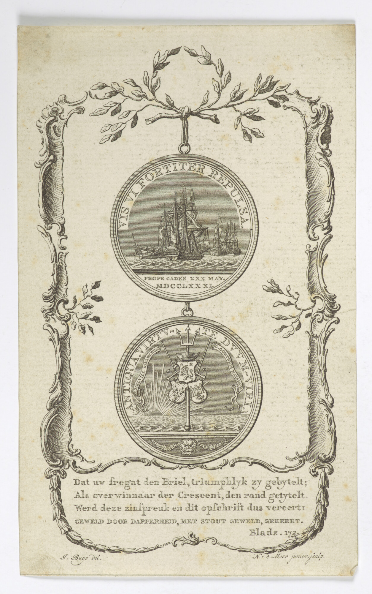S.2644(16); Prent met afbeeldingen van een penning ter herinnering aan het zeegevecht bij Kaap Sint-Marie; prent