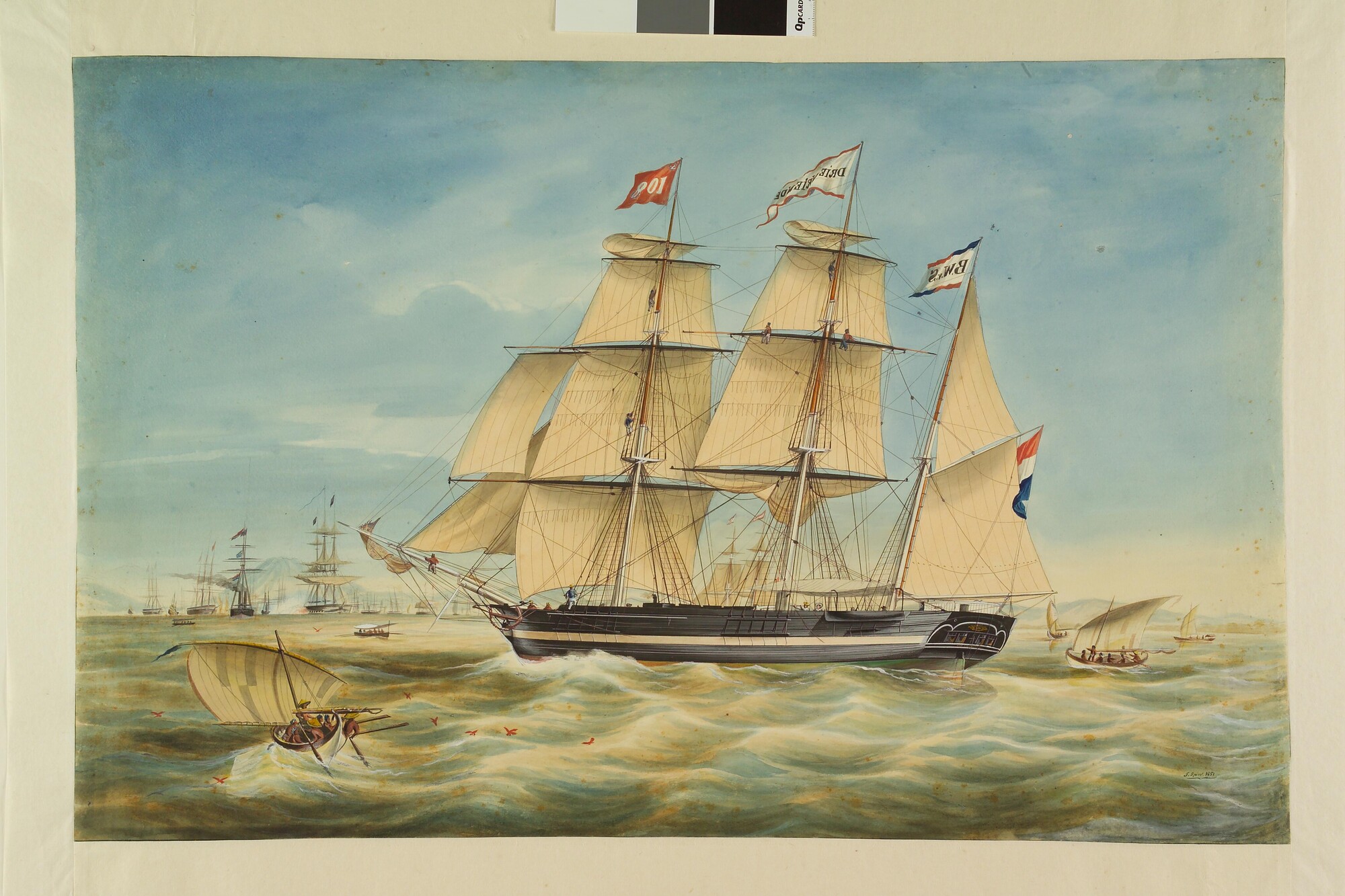A.0037(05); Het barkschip De Drie Vrienden op de rede van Batavia; tekening