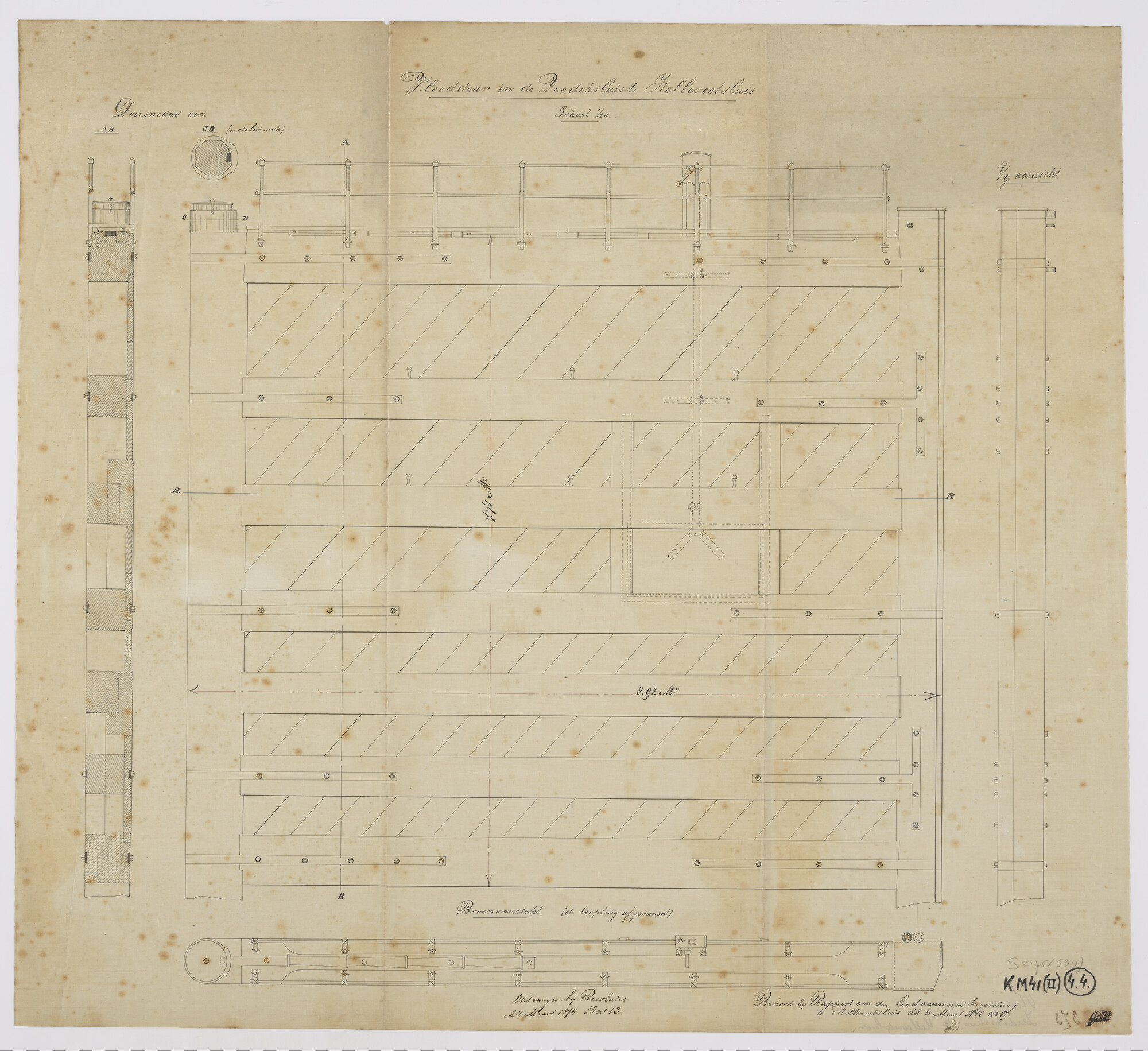 S.2175(5311); Doorsneden en aanzichten van de vloeddeur in de Marine Zeedoksluis te Hellevoetsluis; technische tekening