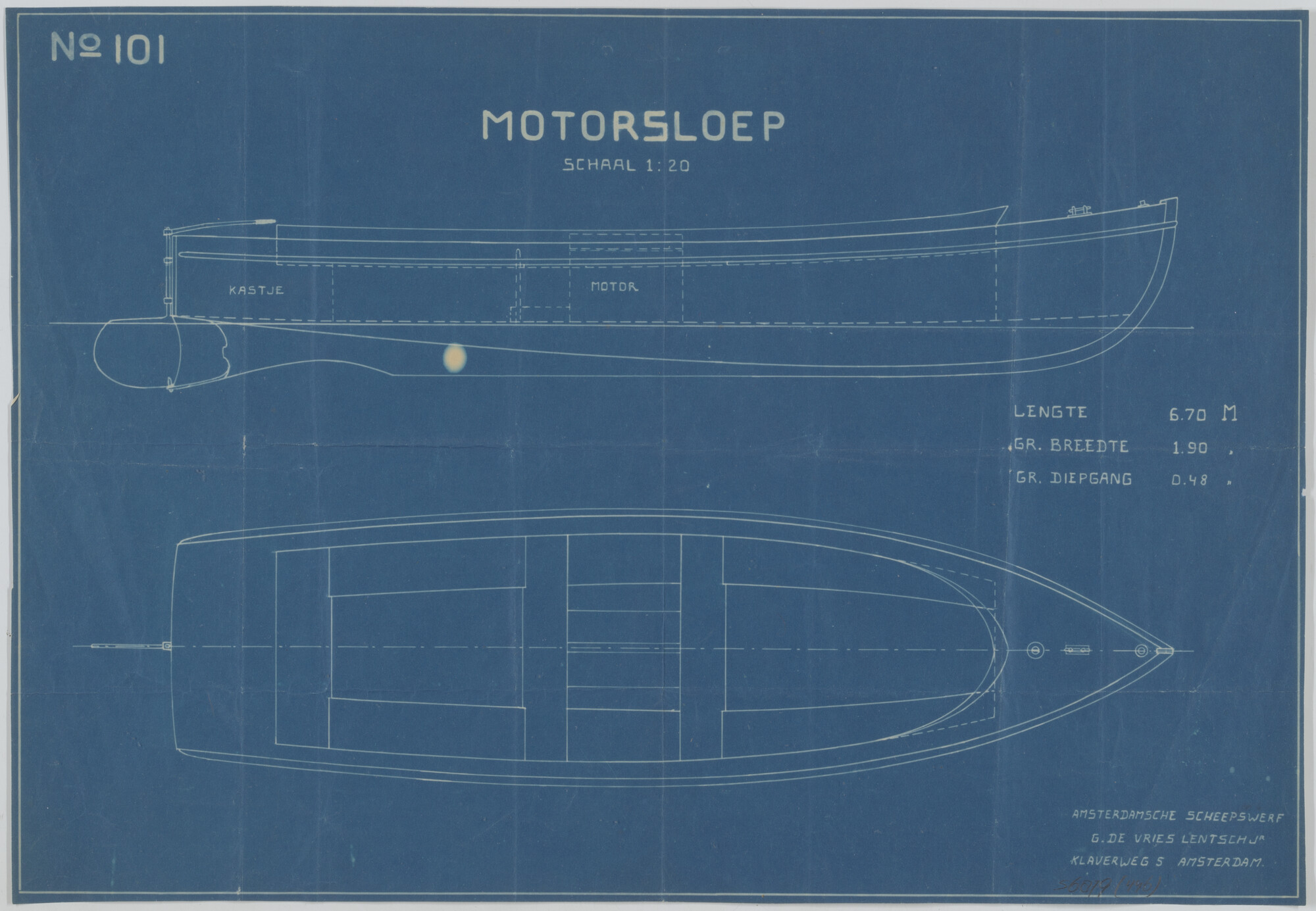 S.6879(446); Boven- en zijaanzicht van een motorsloep; technische tekening