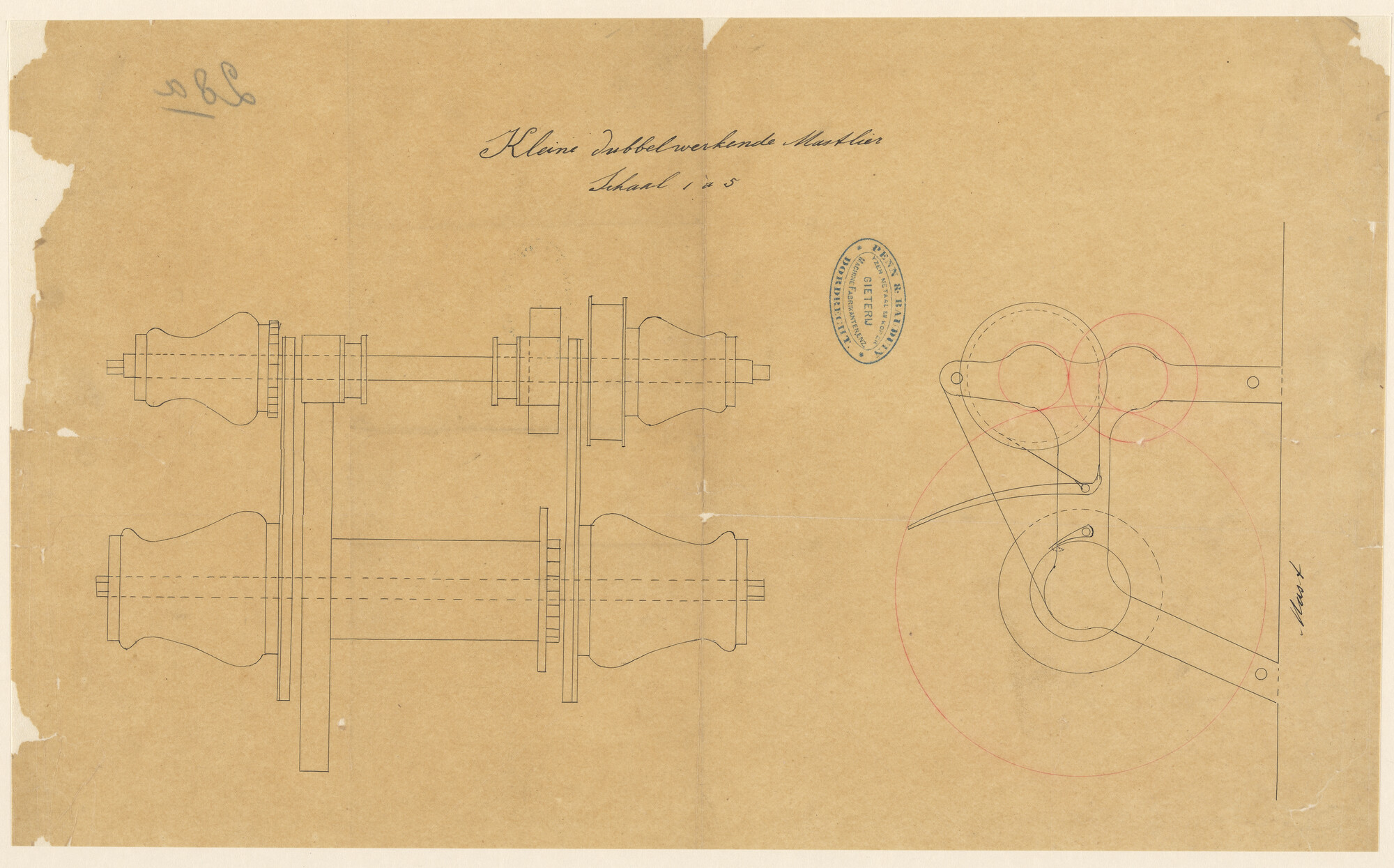 S.0042(02); Mastlier van de schoener Willem Barents; technische tekening