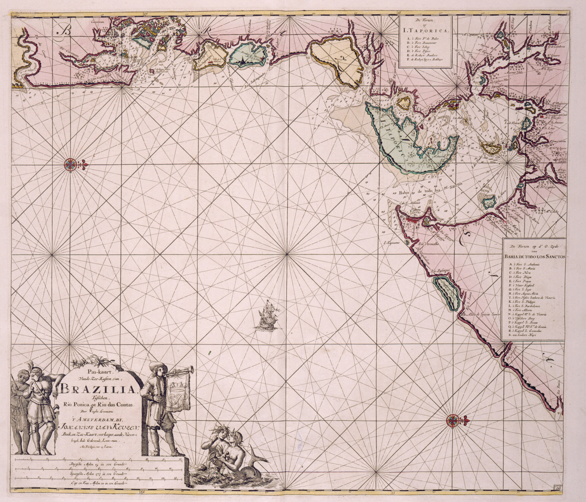A.0145(212)32; Paskaart van de kust van Brazilië, tussen Rio Ponica en Rio das Contas, door Claas Jansz. Vooght; zeekaart