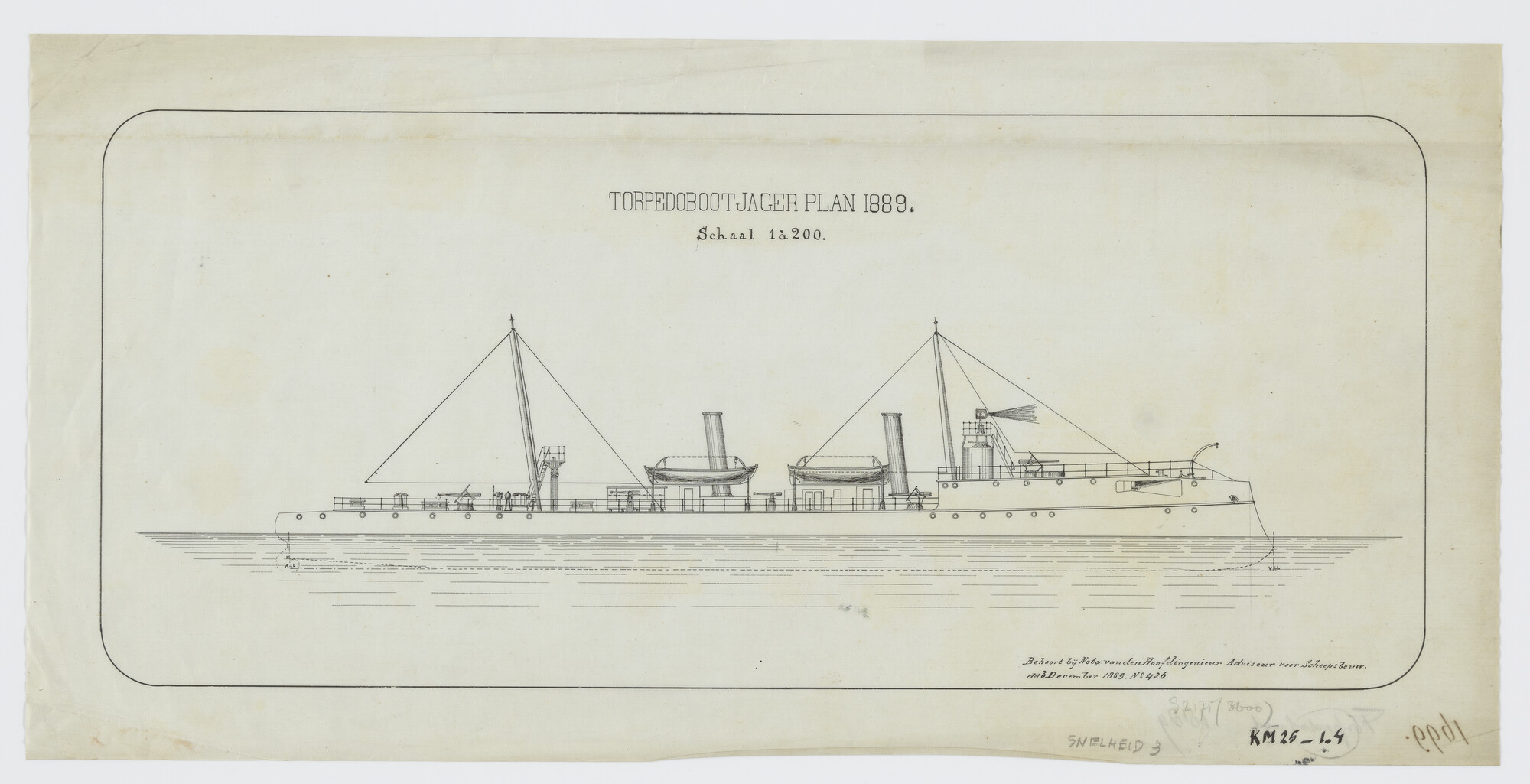 S.2175(3600); Zijaanzicht aan stuurboord van een niet uitgevoerd ontwerp voor een torpedobootjager plan 1889 met boeglanceerinrichting [...]; technische tekening