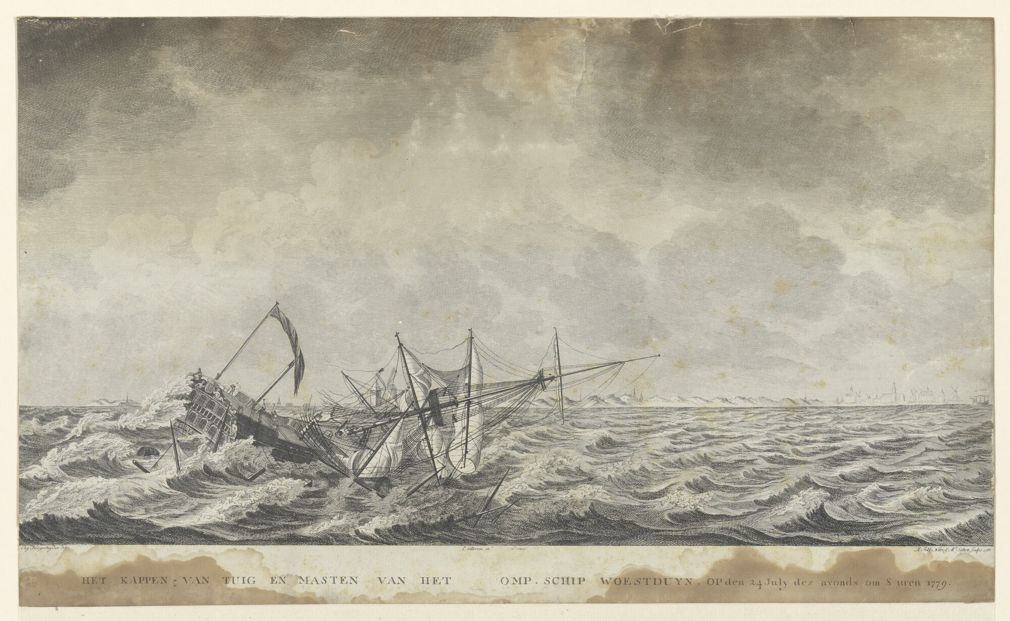 S.0730 [nr 0003]; Schipbreuk van het VOC-schip 'Woestduin', 1779: kappen van tuig en masten; prent