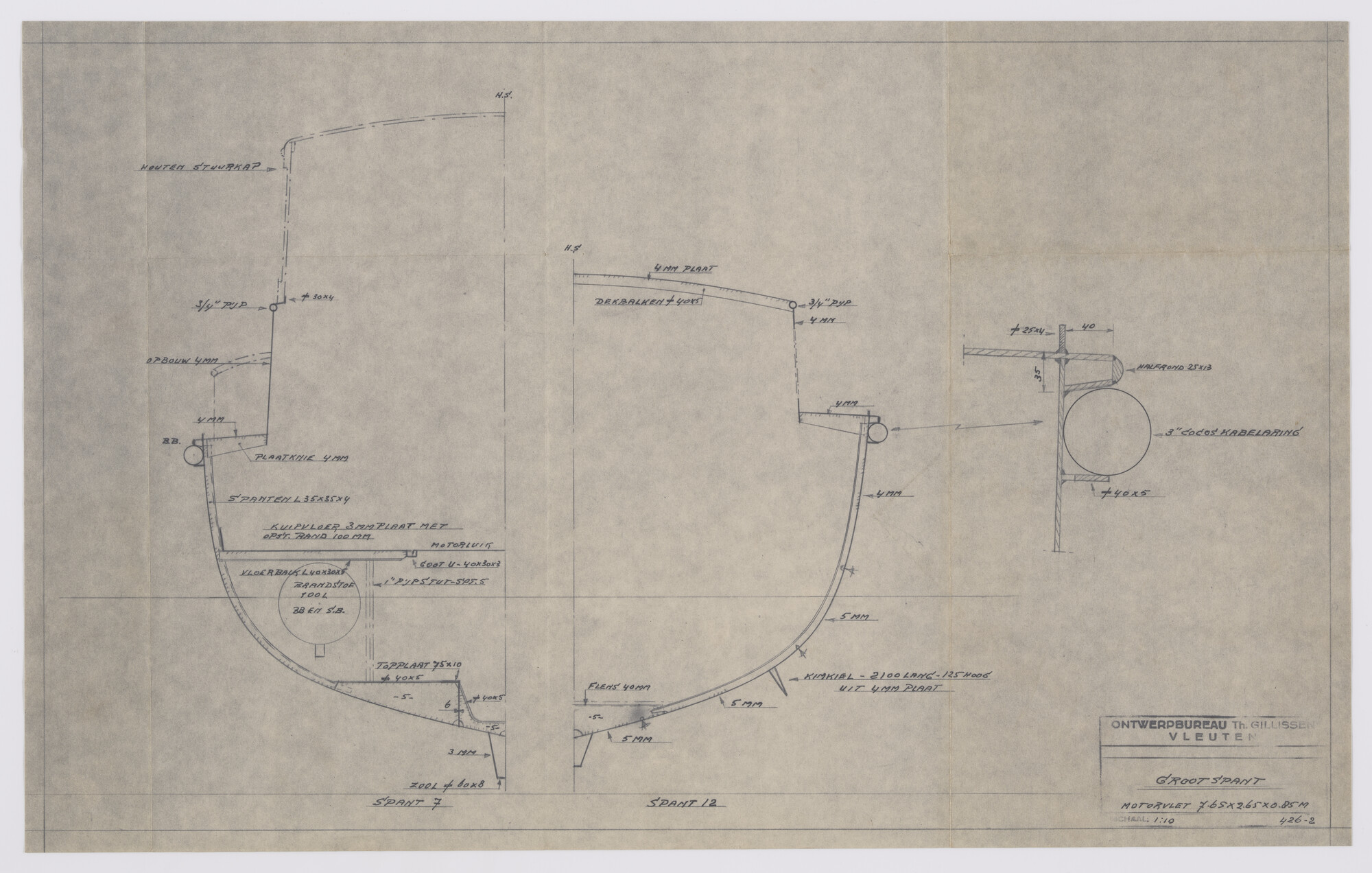 2010.0436; Grootspant Stalen Motorvlet van 7.65 meter; technische tekening