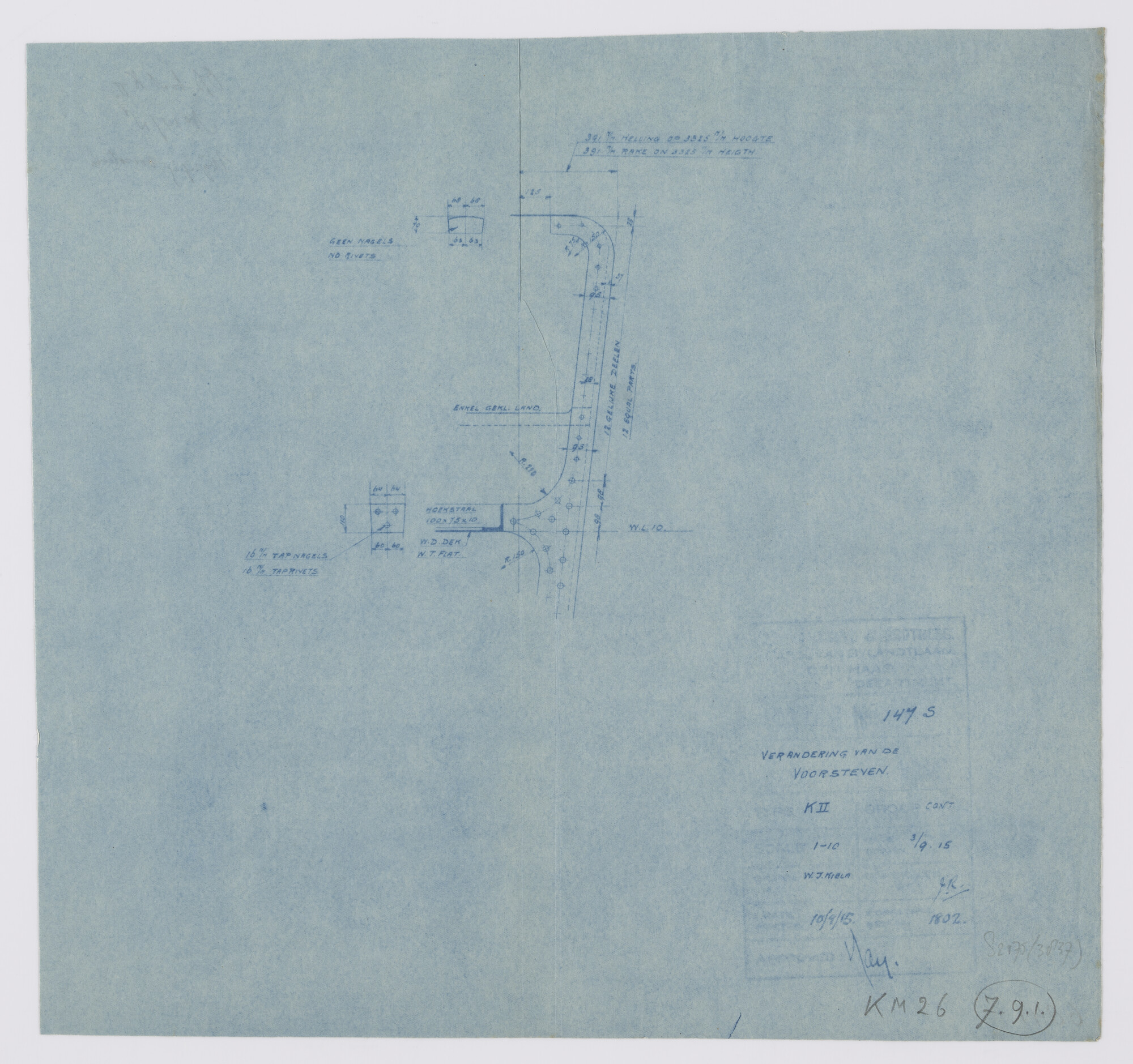 S.2175(3837); Verandering voorsteven van de onderzeeboot  Hr.Ms. 'K II'.; technische tekening