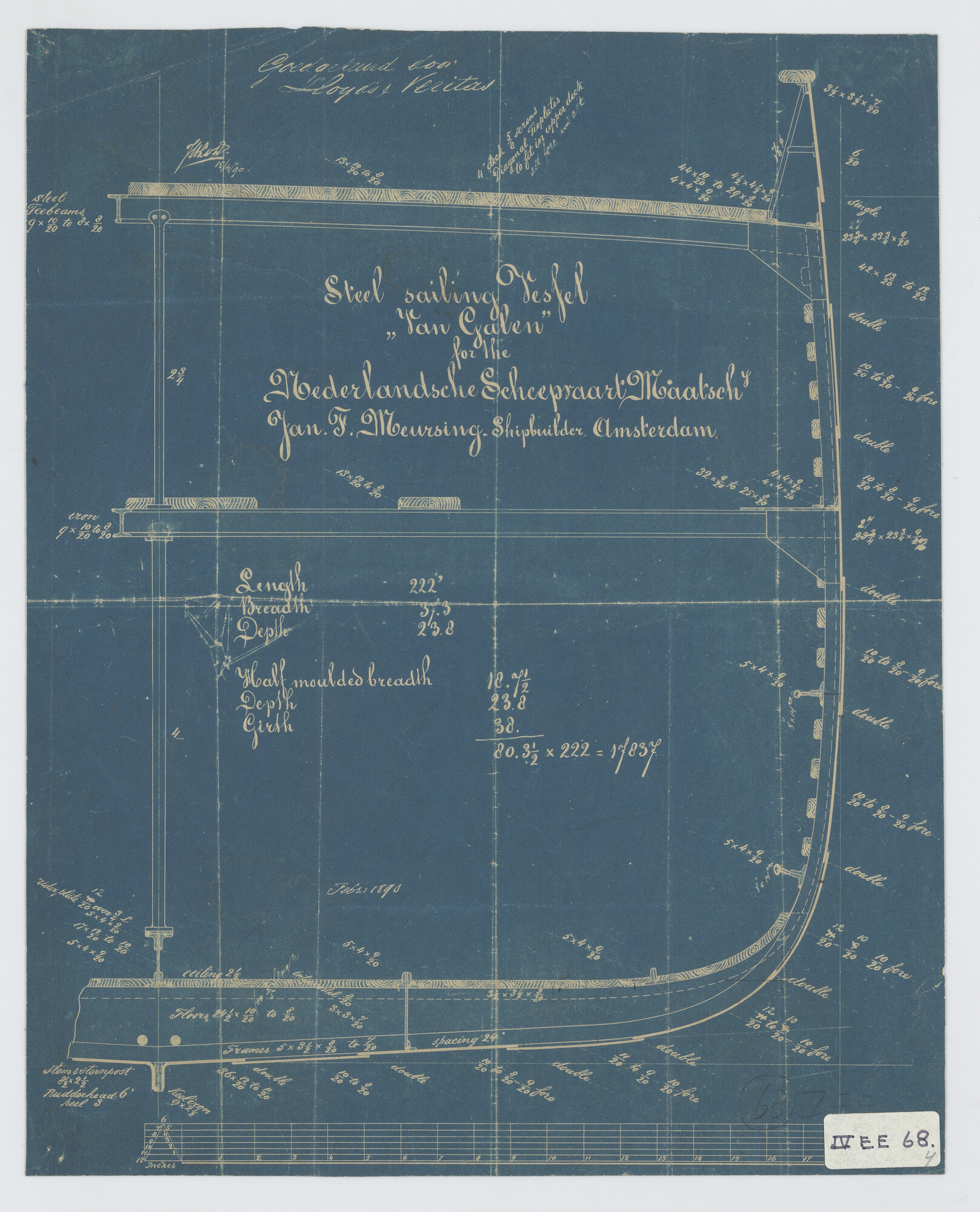 S.1156(05)0094; Grootspant van de klipperbark Van Galen; technische tekening