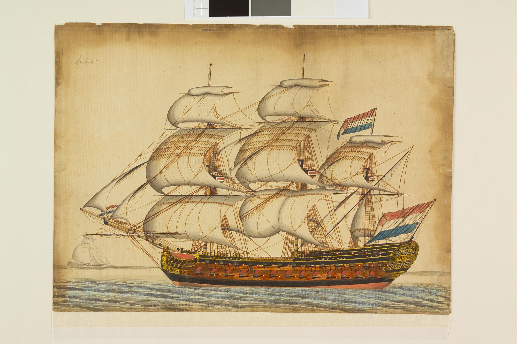 A.0149(0411); Een fregatschip met alle zeilen bij; tekening