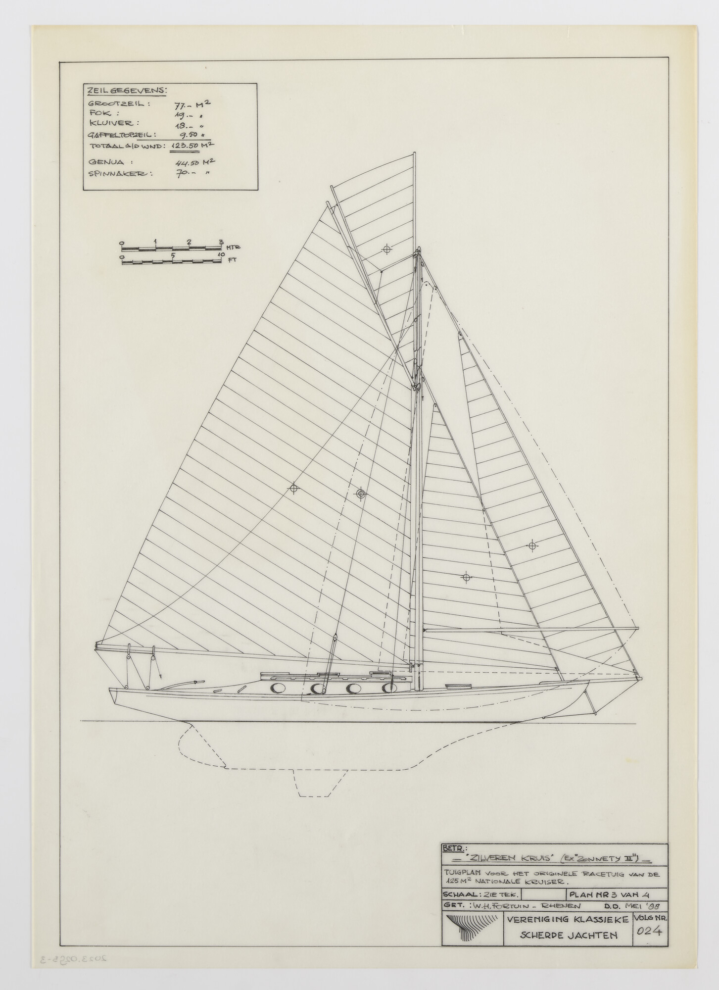 2023.0295-3; Technische tekening van het zeiljacht Zilveren Kruis (ex-Zonnety II); technische tekening