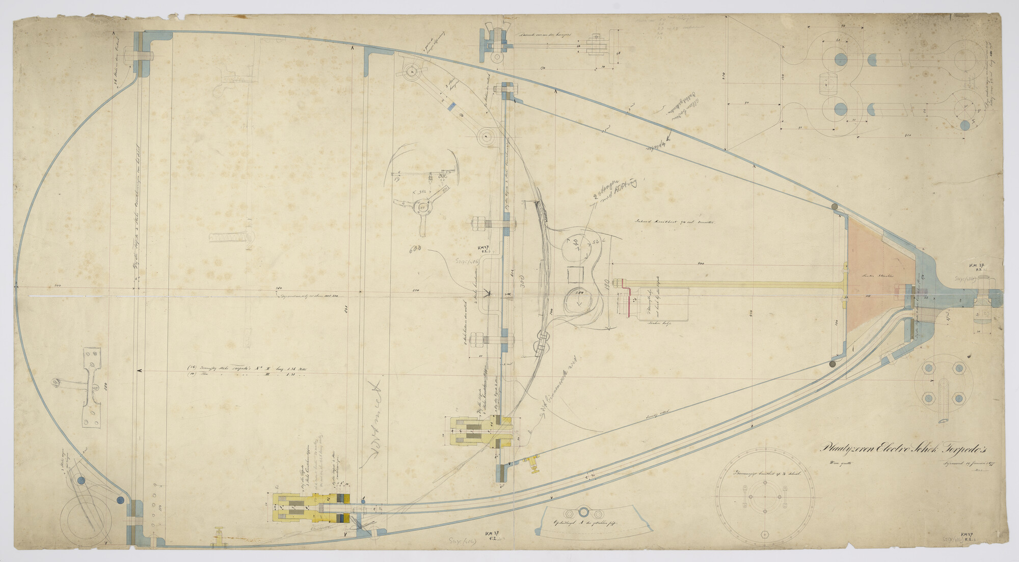 S.2175(4861); Doorsnede van de electro schoktorpedo en aanzicht van de kruitkist; technische tekening
