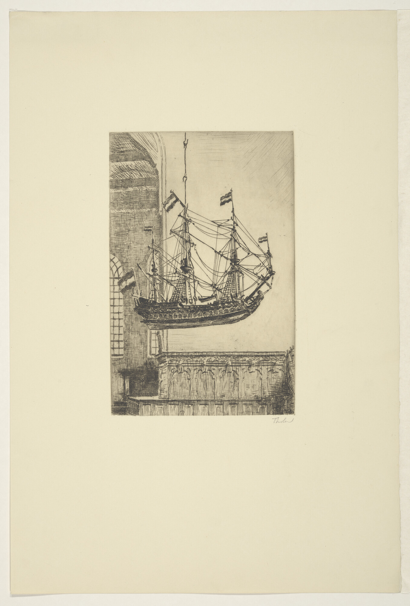 S.2872(03); Afbeelding van een kerkschip uit de zeventiende eeuw; prent