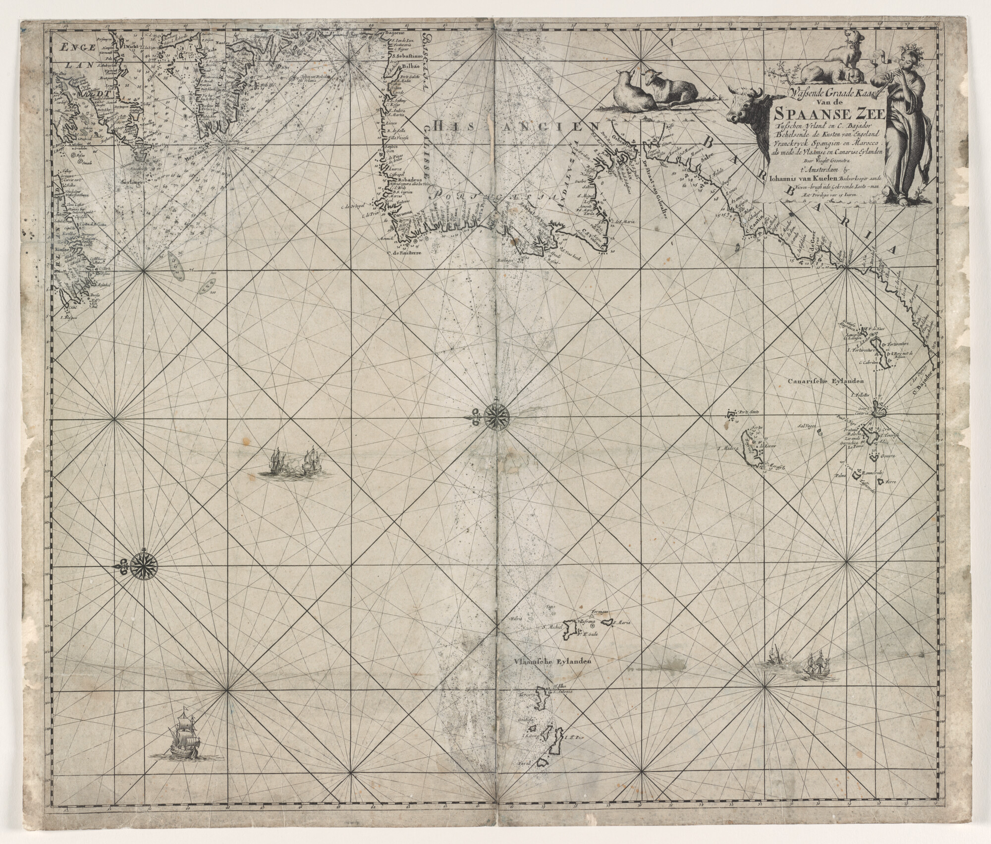 A.0248(15)b; Paskaart van de Atlantische Oceaan, tussen Ierland en Kaap Bajador, door Claas Jansz. Vooght; zeekaart