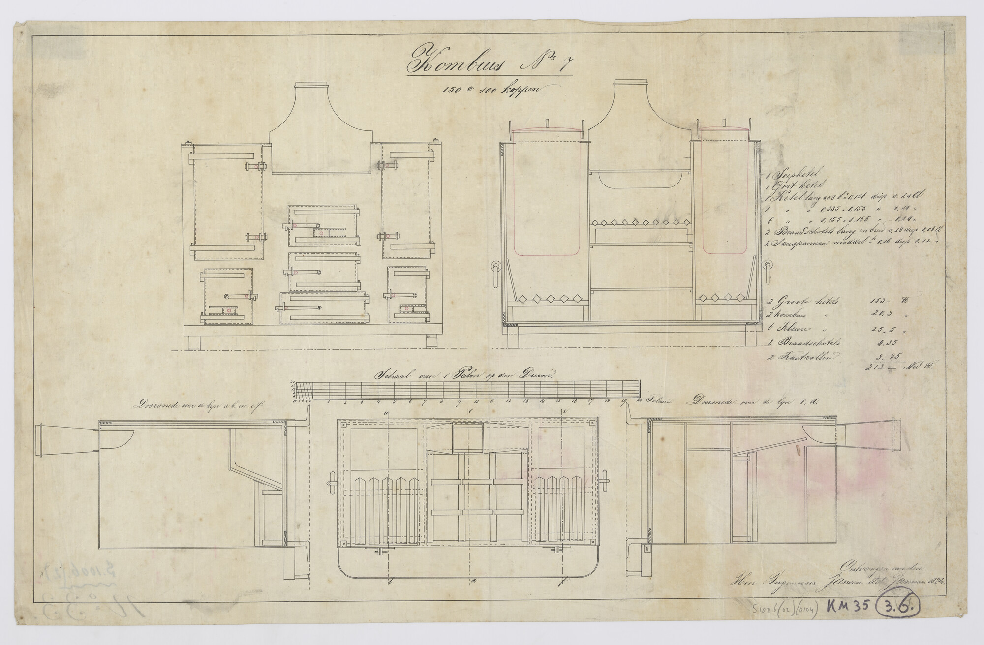 S.1006(02)0104; Kombuiskast No 7 voor een bemanning van 100 tot 150 koppen; technische tekening