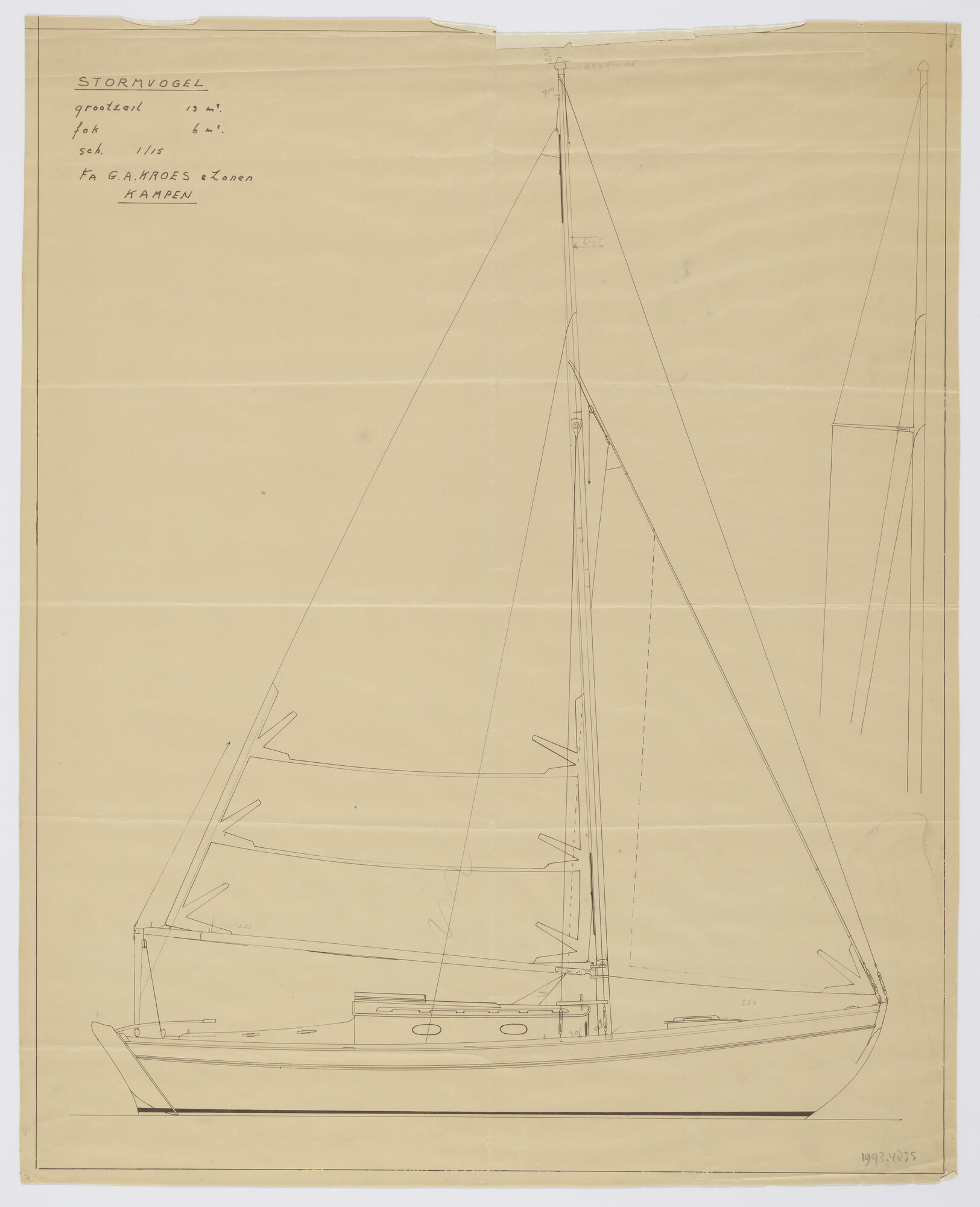 1993.4835; Kopie zeilplan 'Stormvogel'; technische tekening