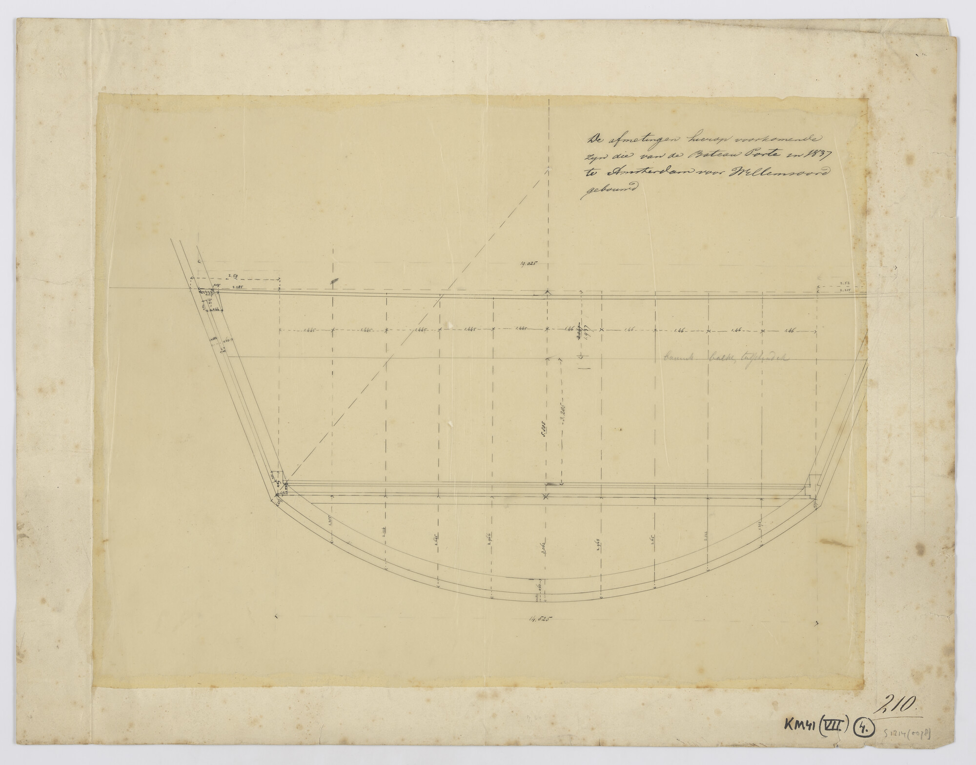 S.1214(0078); Langsdoorsnede van een schipdeur (bateau-porte) (1837); technische tekening