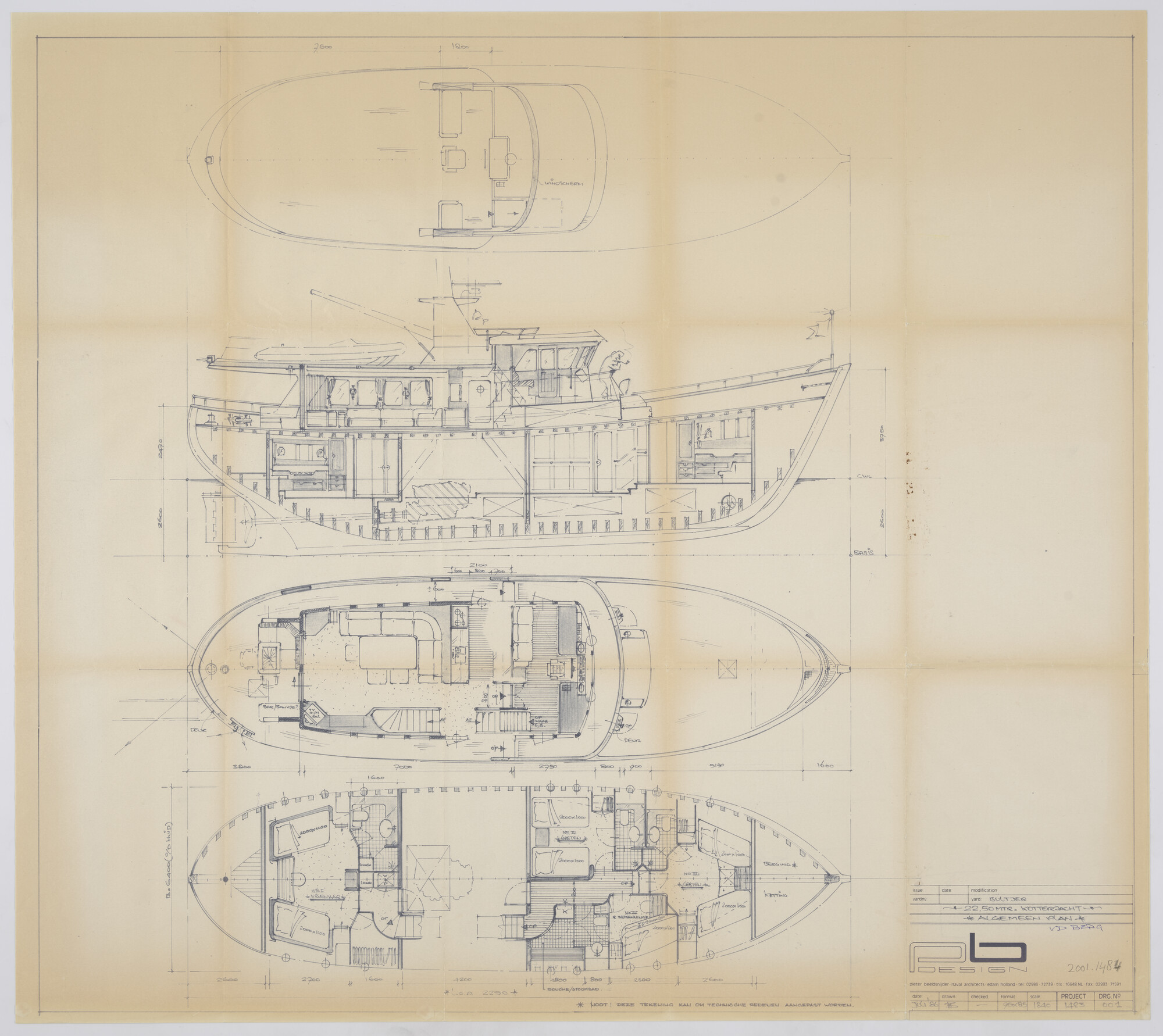 2001.1484; Algemeen plan van het Duitse houten kotterjacht 'Big Sur'; technische tekening