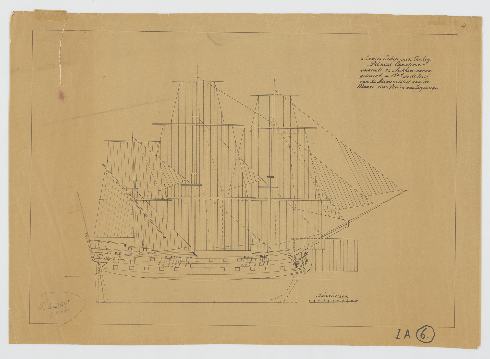 2015.4392; Zijaanzicht van oorlogsschip Princes Carolina; technische tekening