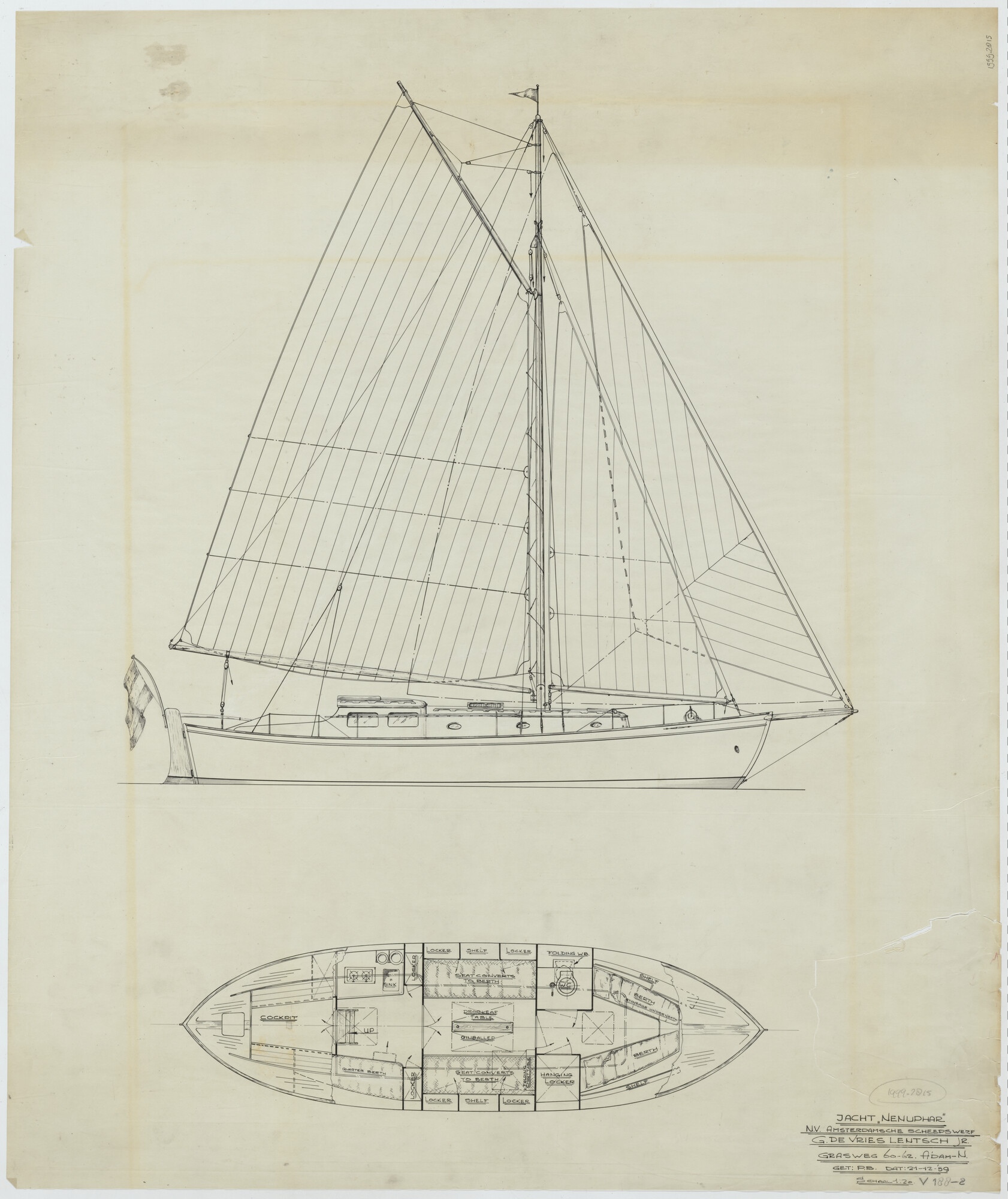 1999.2815; Tuig- en interieurplan van het zeiljacht 'Nenuphar'; technische tekening