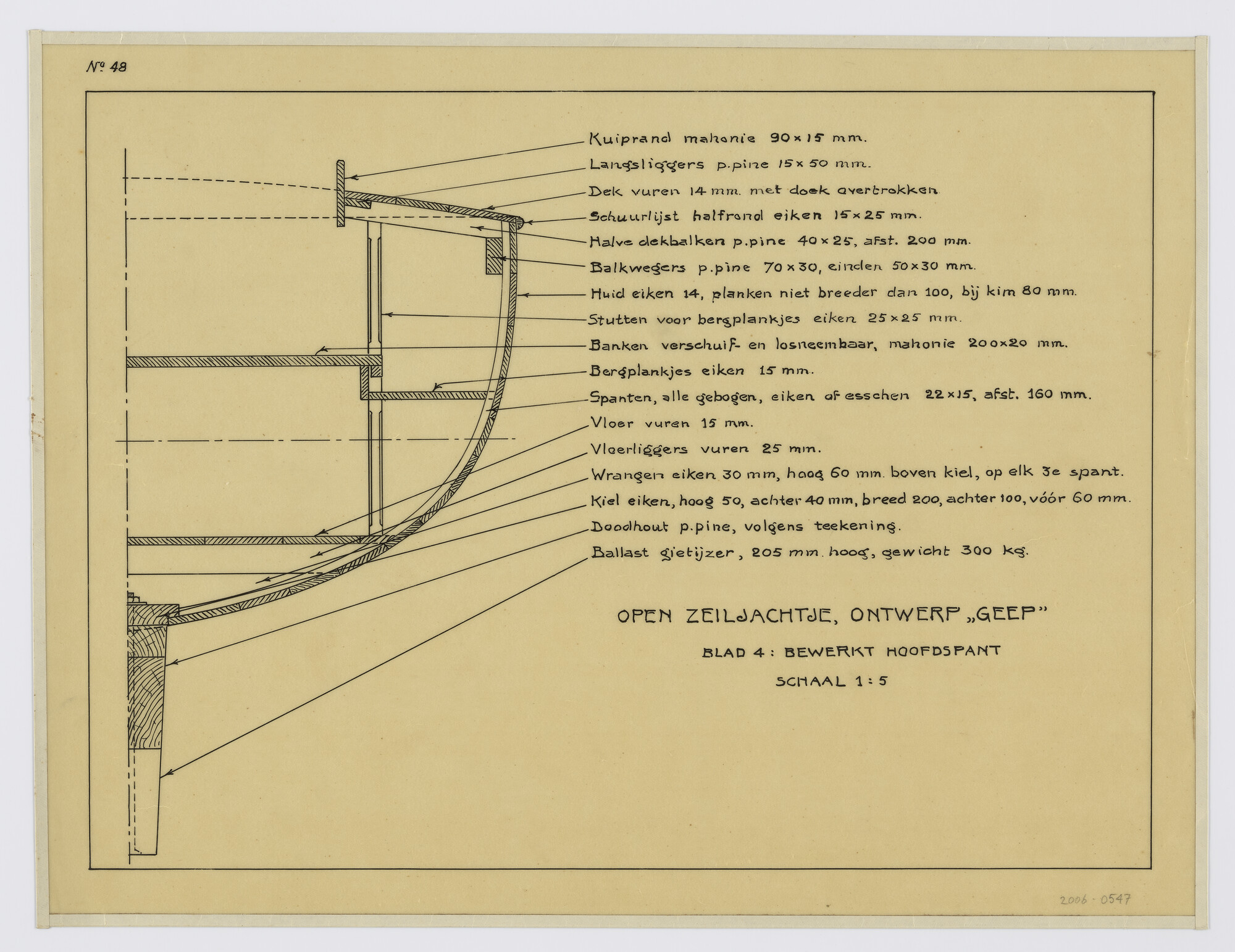 2006.0547; Grootspant van een open zeiljacht; technische tekening