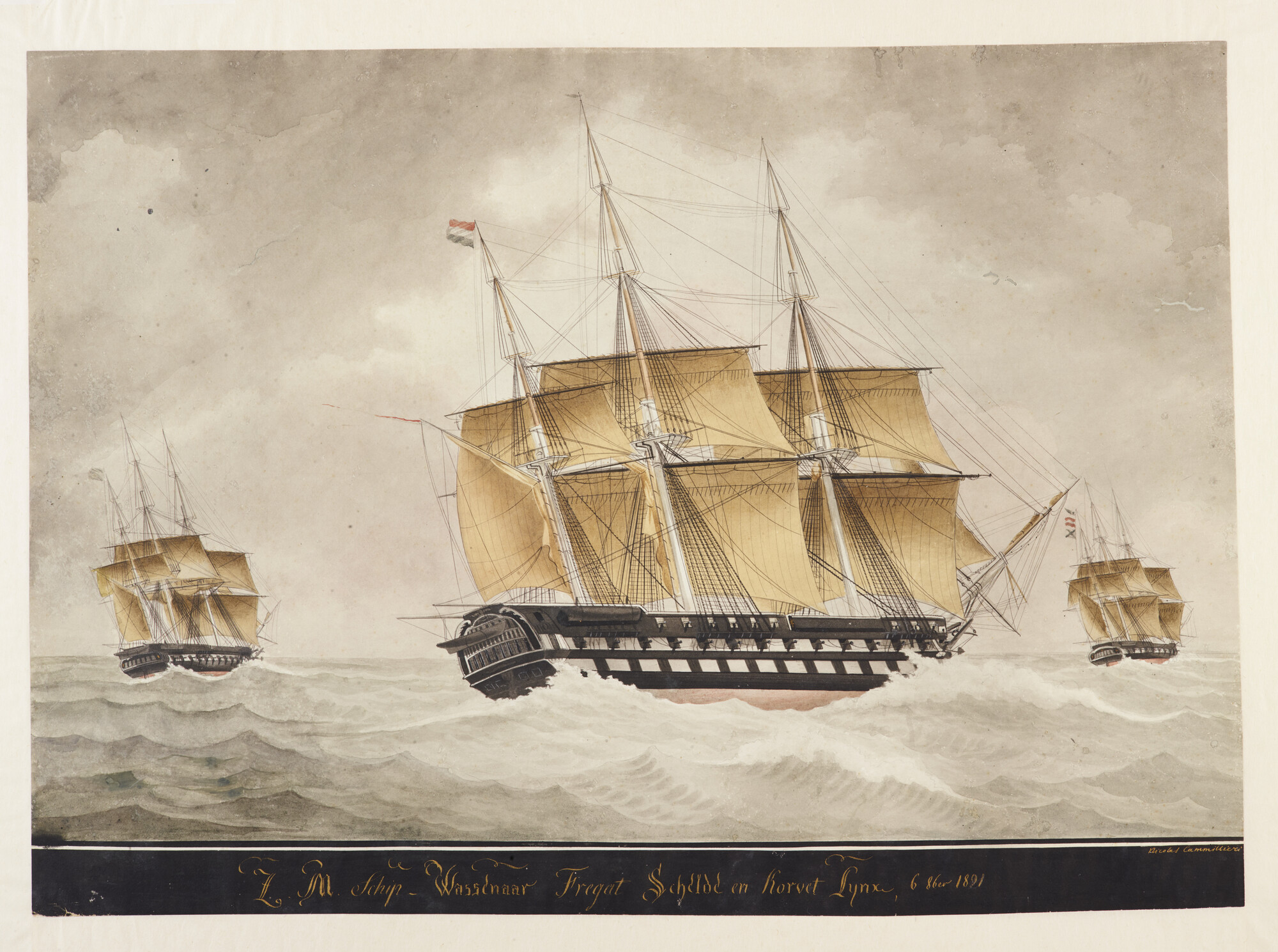 A.1197(02); Het linieschip Zr.Ms. Wassenaar en het fregat Zr.Ms. Schelde en het korvet Zr.Ms. Lynx; tekening