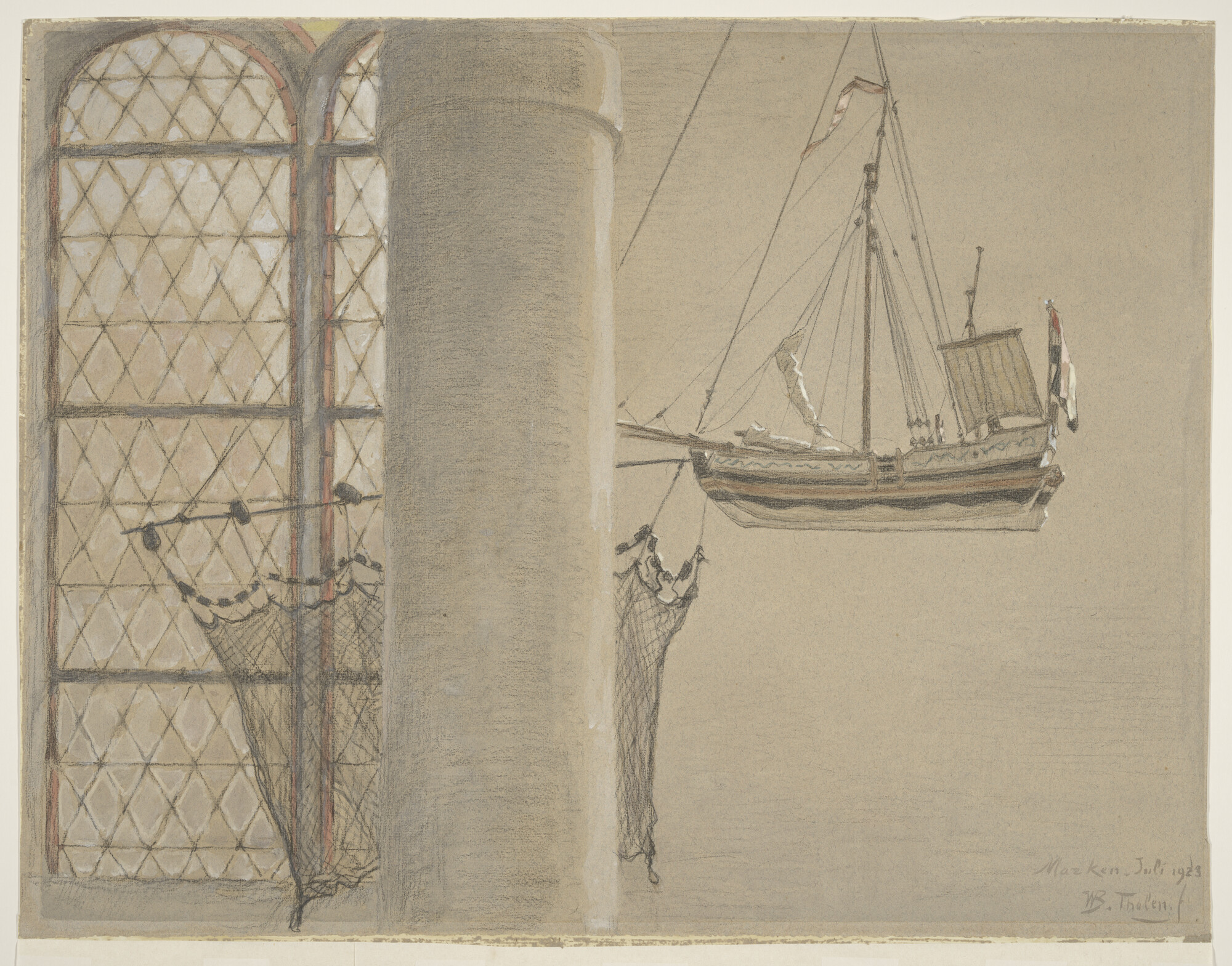 S.0625; Een scheepsmodel in de N.H. kerk te Marken; tekening