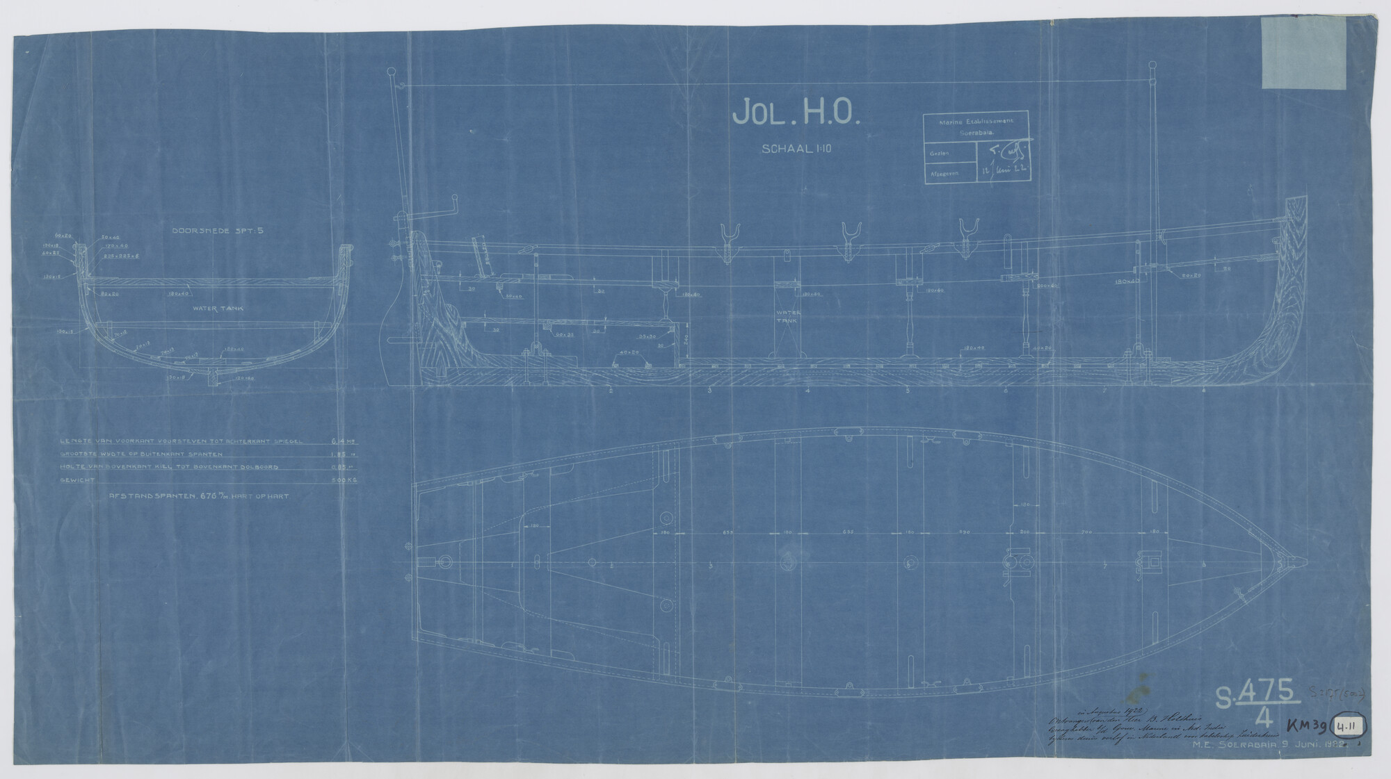 S.2175(5002); Jol van het opnemings- en kabelschip van de Gouvernementsmarine Hr.Ms. Zuiderkruis; technische tekening
