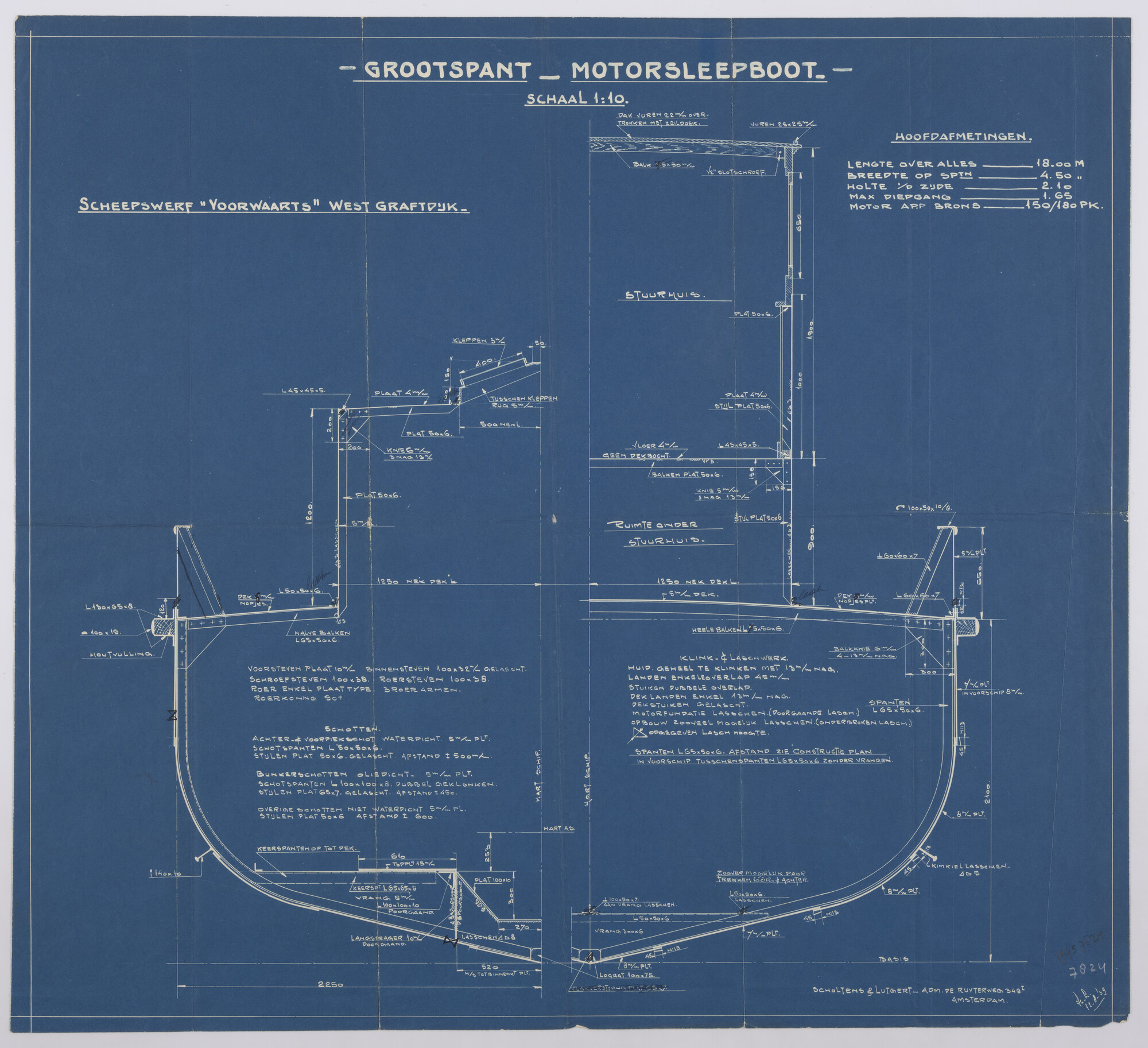 1995.7824; Grootspanttekening voor een binnenvaart motorsleepboot; technische tekening