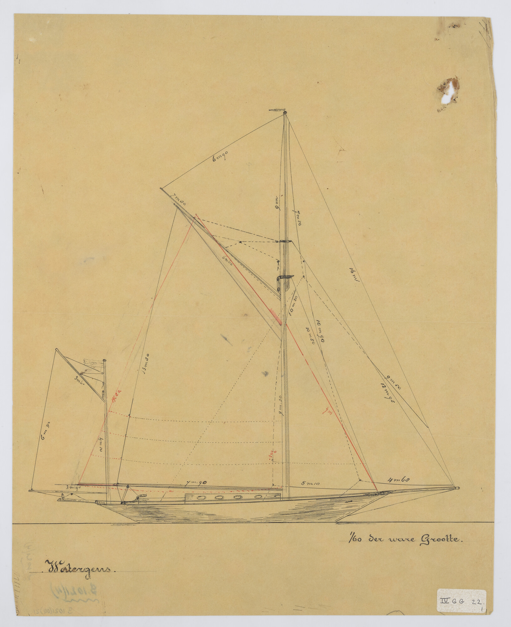 S.1021(04)21; Tuigtekening van de yawl 'Watergeus'; technische tekening
