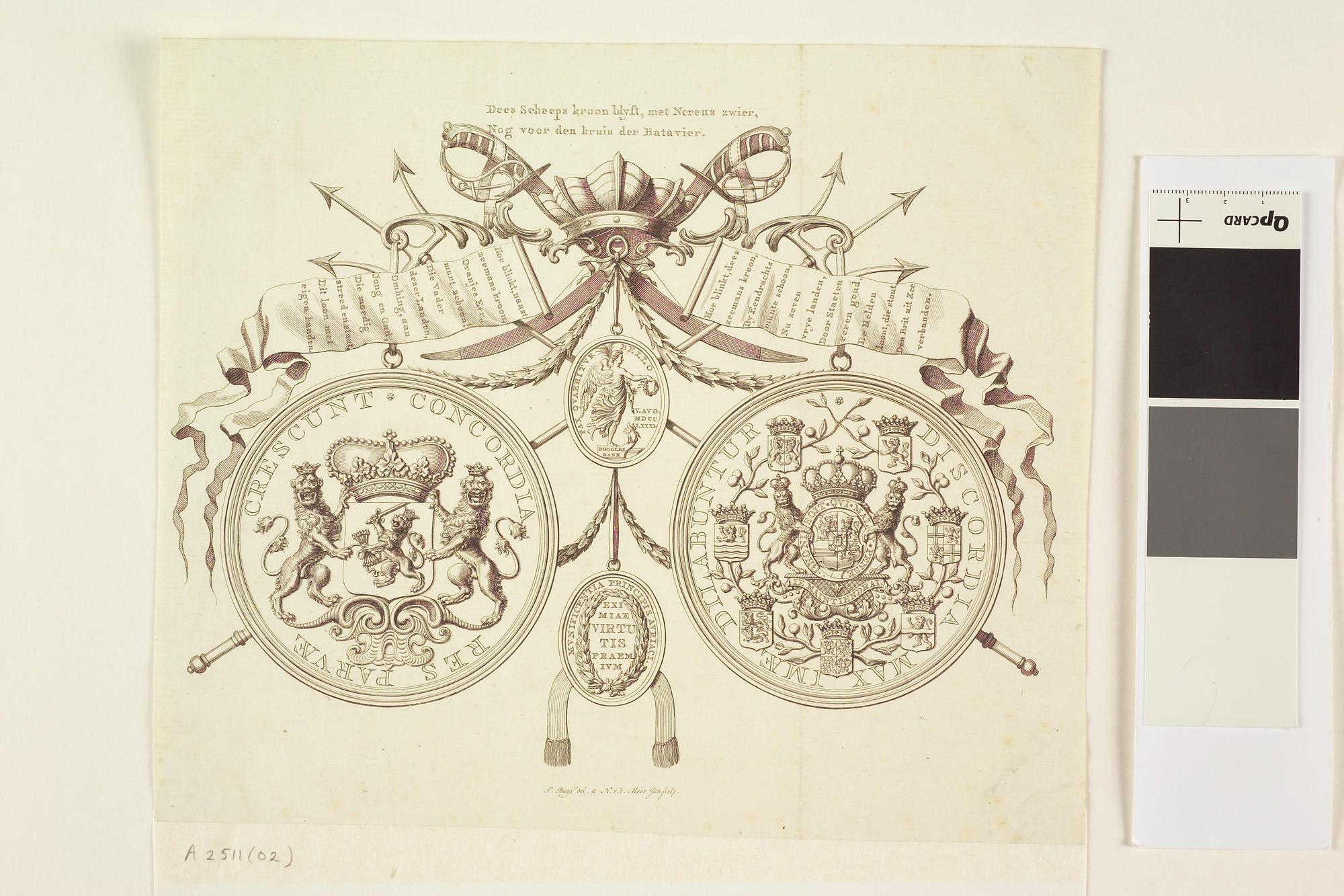 A.2511(02); Afbeelding van de gouden Doggersbank-medaille, uitgereikt door Willem V aan Admiraal Zoutman; prent