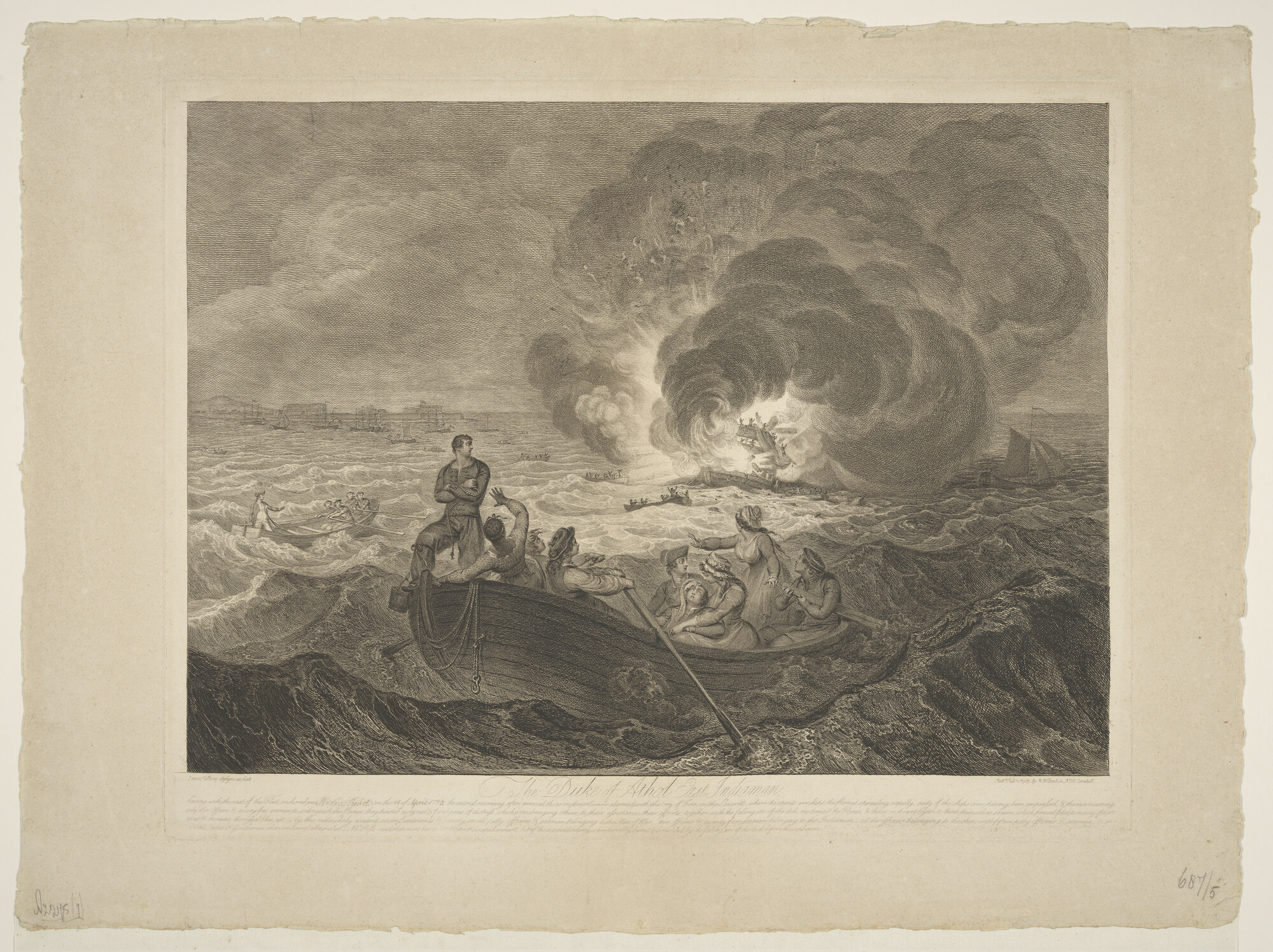 A.2275(07); Het verbranden van de 'Duke of Athol', Engels OIC schip op de rede van; prent