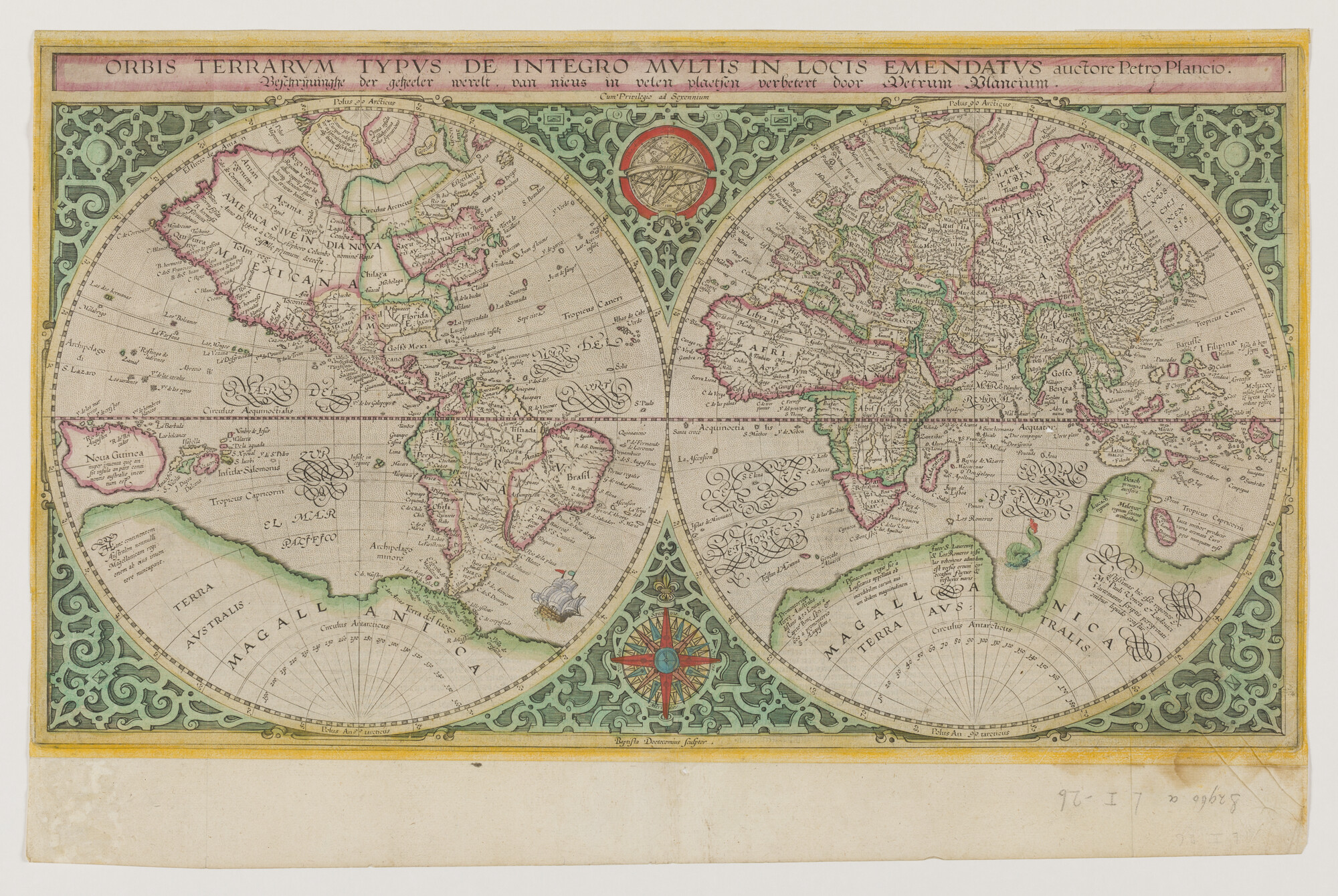 S.2960a; Met de hand gekleurde wereldkaart in twee halfronden; wereldkaart