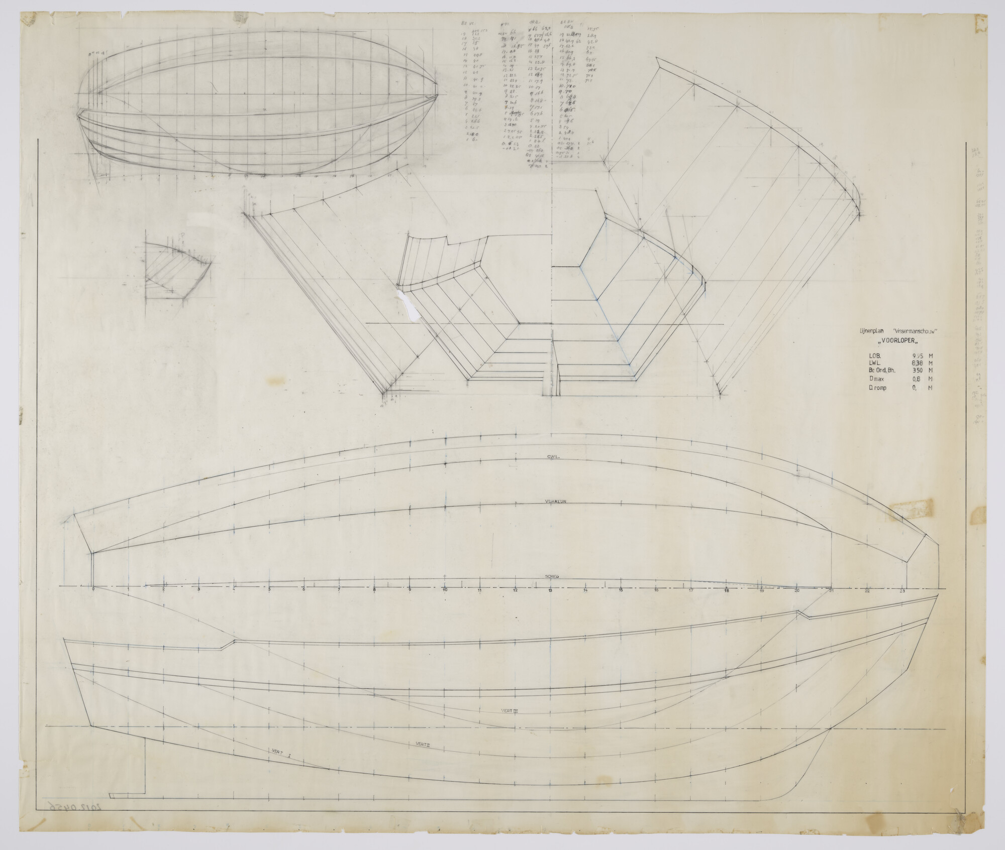 2012.0456; Lijnenplan van de gedeeltelijk open vissersmanschouw 'Voorloper' van 9.95 m (lengte over de stevens); technische tekening