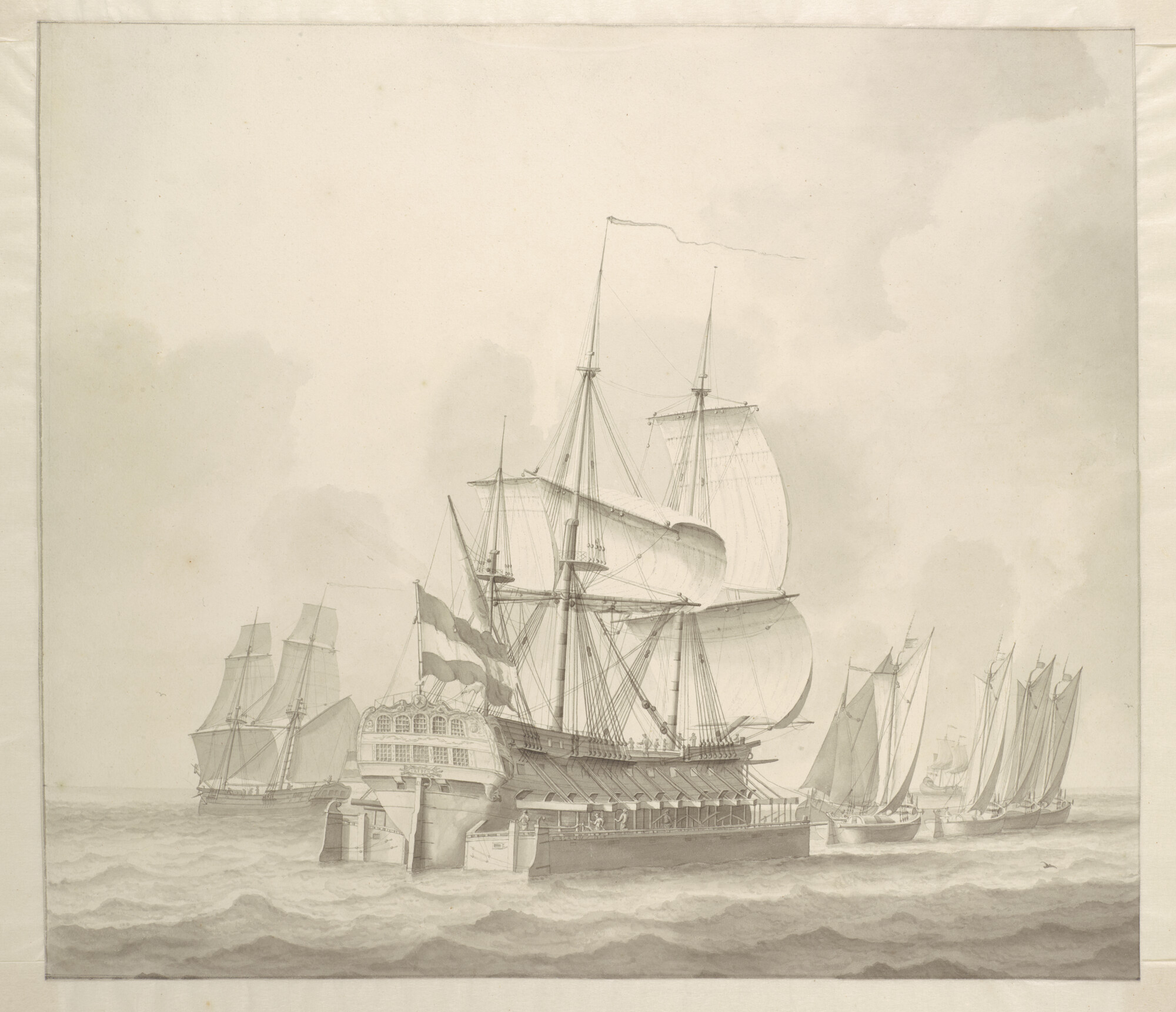 A.5632; Het oorlogsschip 'Vrede' in scheepskamelen; tekening