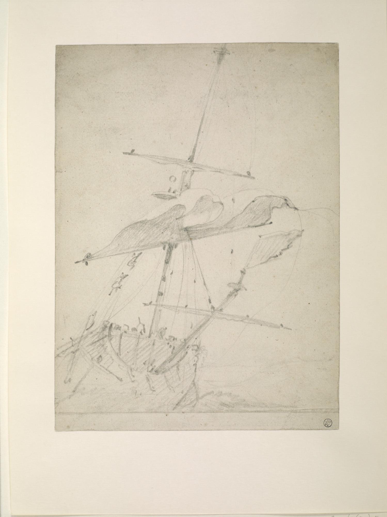 A.1361(20)05; Oorlogsschip met gescheurd fokkezeil; tekening