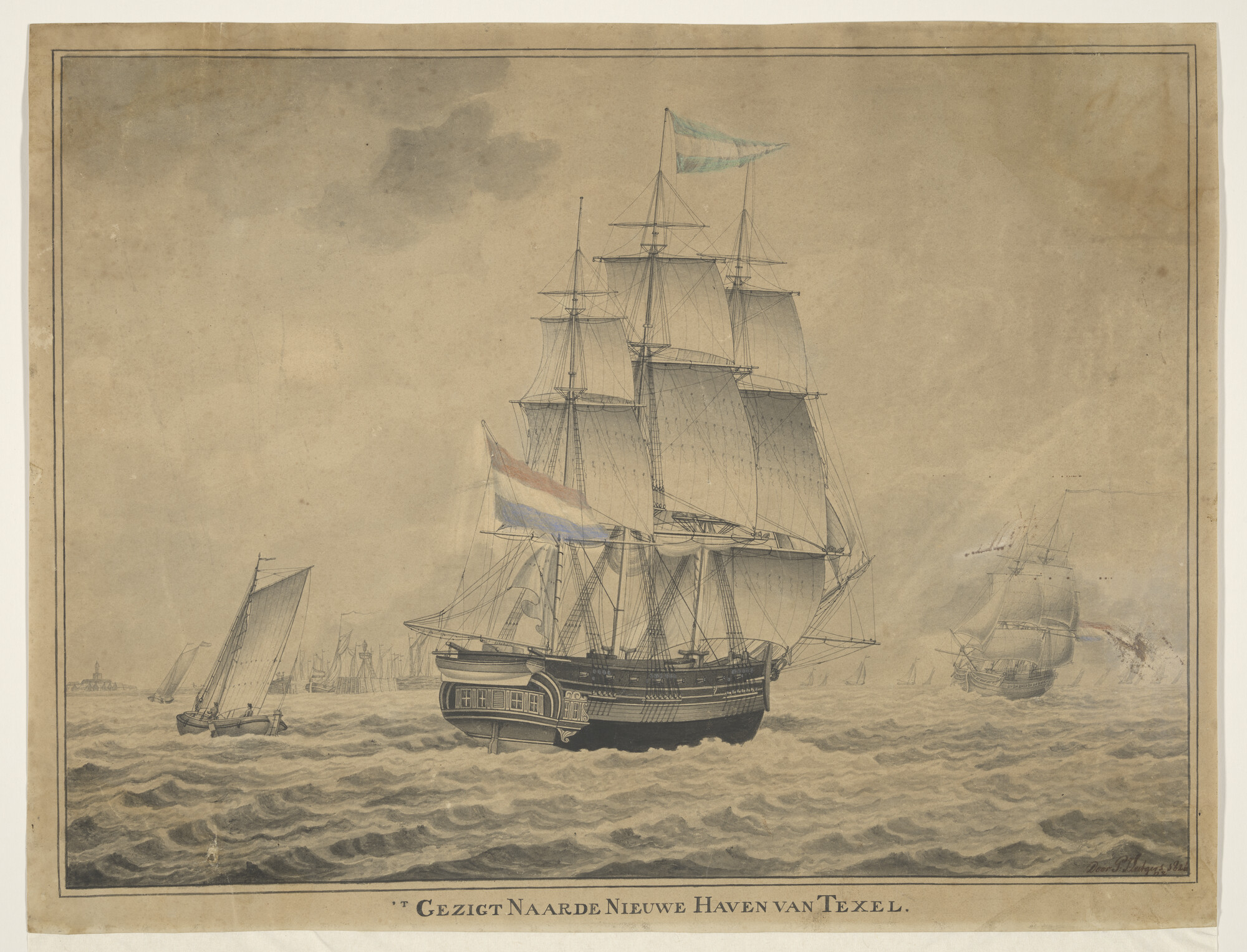 A.1426(02); Een fregatschip op de rede van Texel; tekening