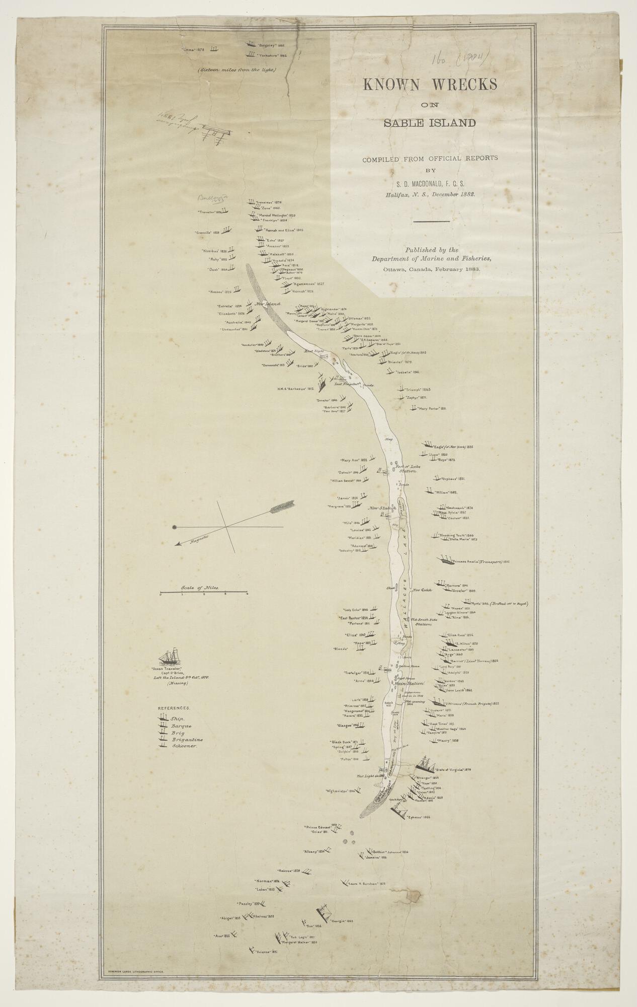 S.1987; Kaart waarop aangegeven de circa 150 wrakken bij Sable Island, samengesteld in 1882 door S.D. Macdonald; zeekaart