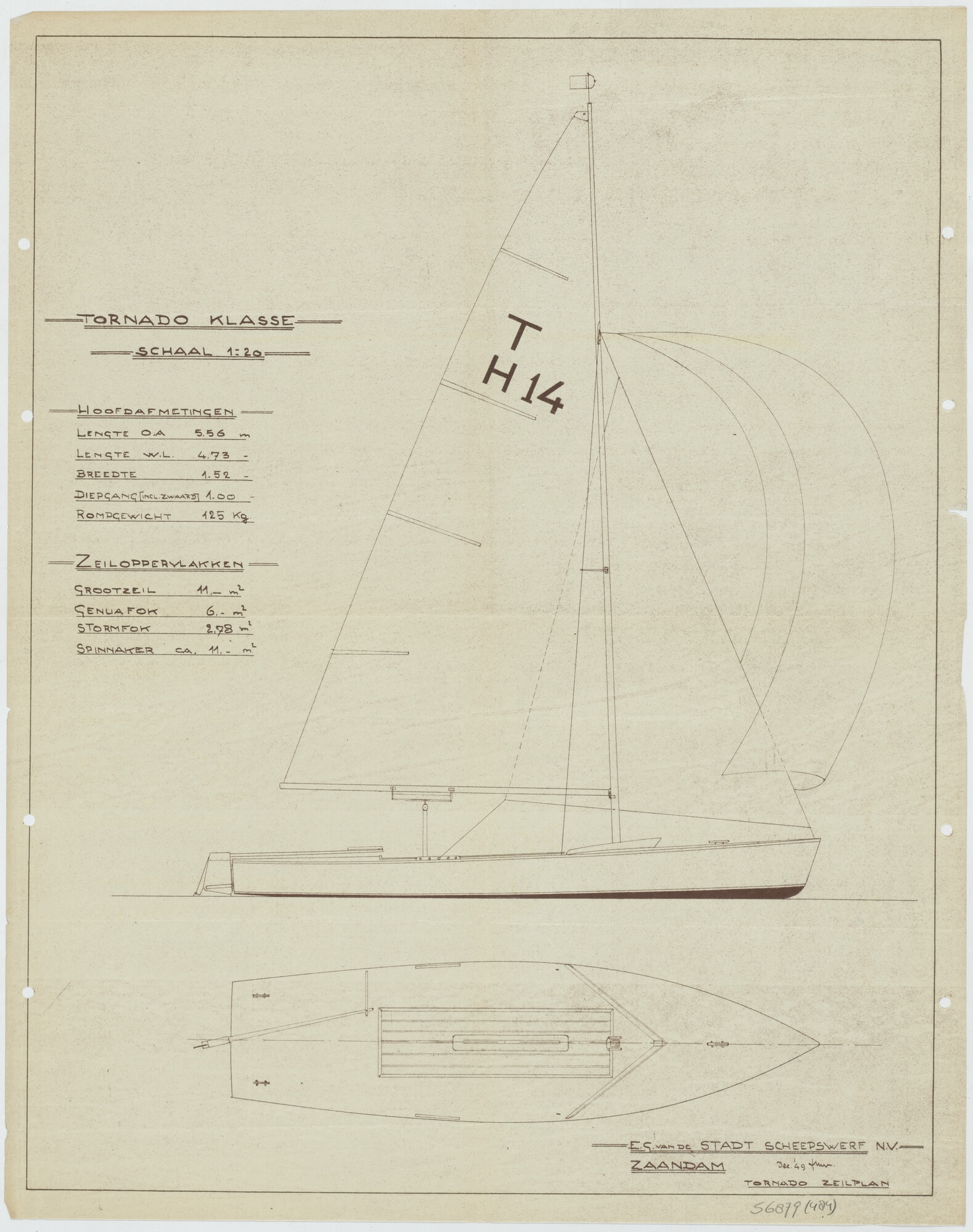 S.6879(484); Algemeen plan en zeilplan van een schip uit de Tornadoklasse; technische tekening