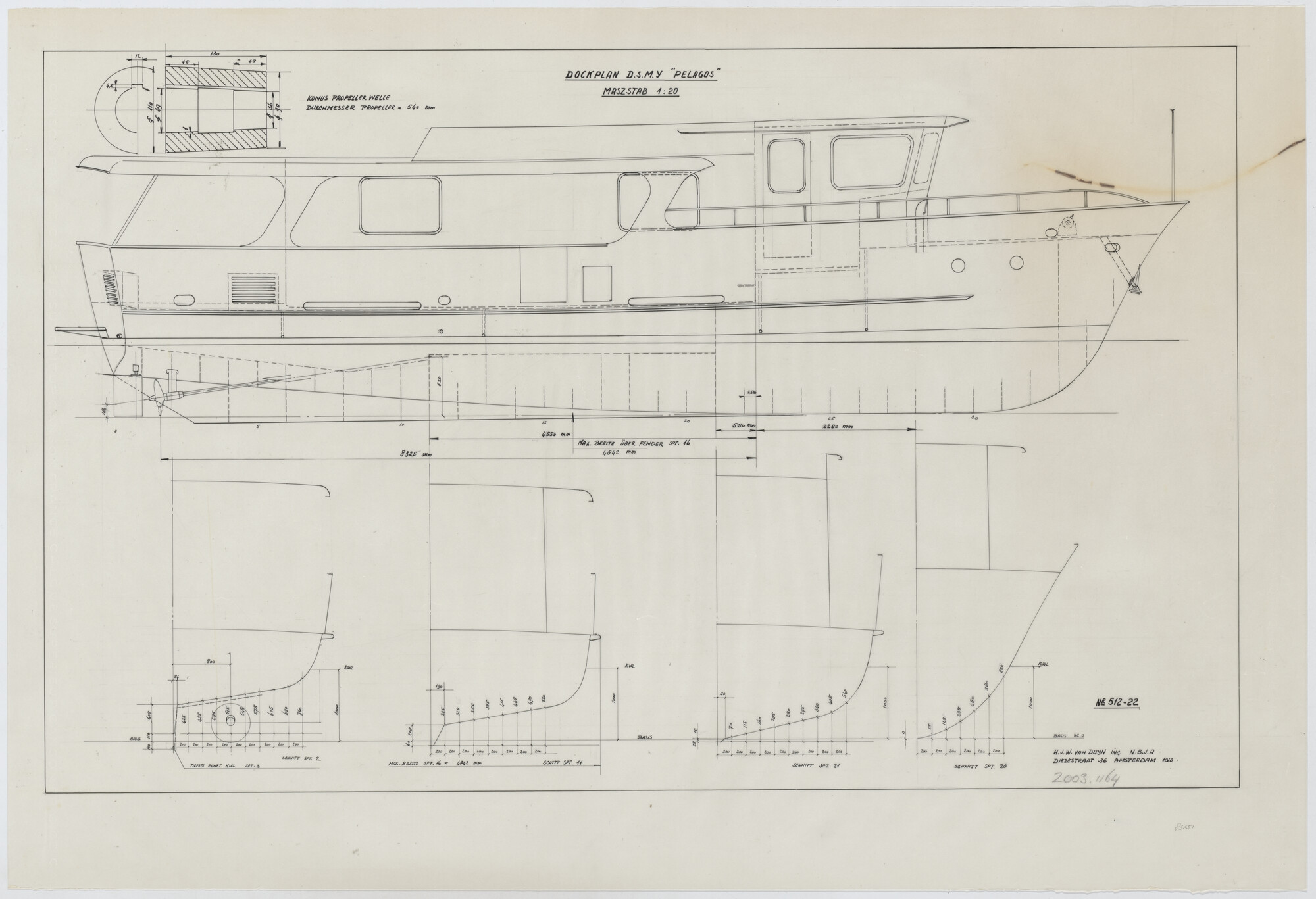 2003.1164; Dokplan van een 15.50 meter lang motorjacht; technische tekening