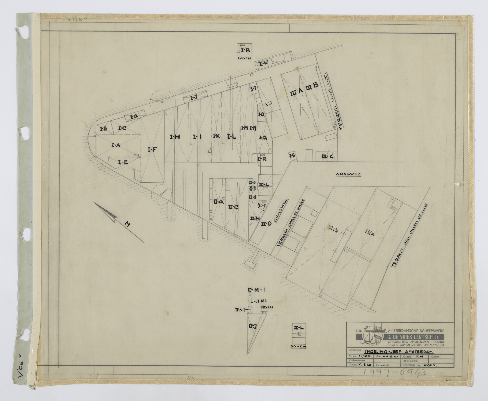 1997.6943; Indeling van de werf aan de Grasweg; technische tekening
