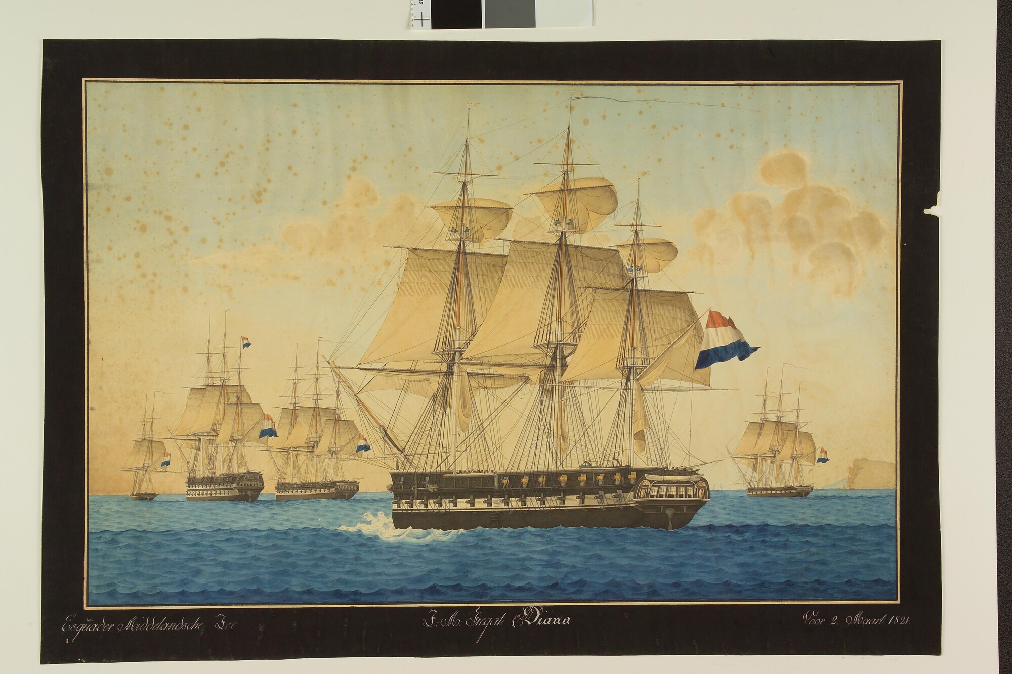 A.1741; Het eskader in de Middellandse Zee met onder andere het fregat Diana; tekening