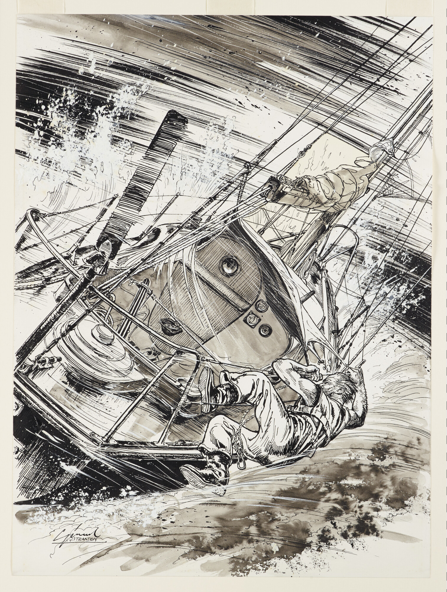 2019.1059-1; Tekening van Herman Jansen op zijn zeilboot de Sounion tijdens een storm; tekening