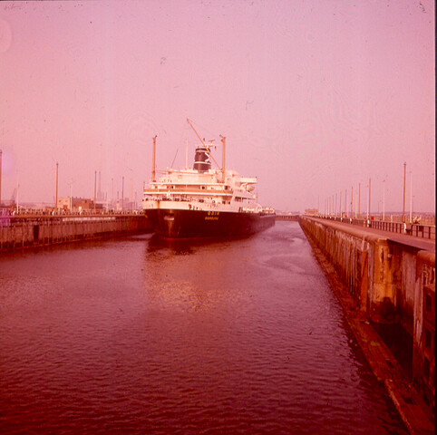 S.9100(2090); Dia van de Duitse bulkcarrier ms. Odin in de Noordersluis van IJmuiden [...]; diapositief