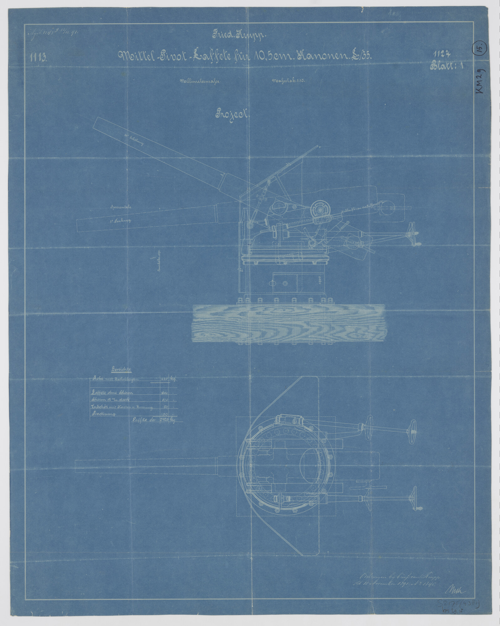 S.2175(4381); Kanon 10,5cm L/35 op middenpivot affuit; technische tekening