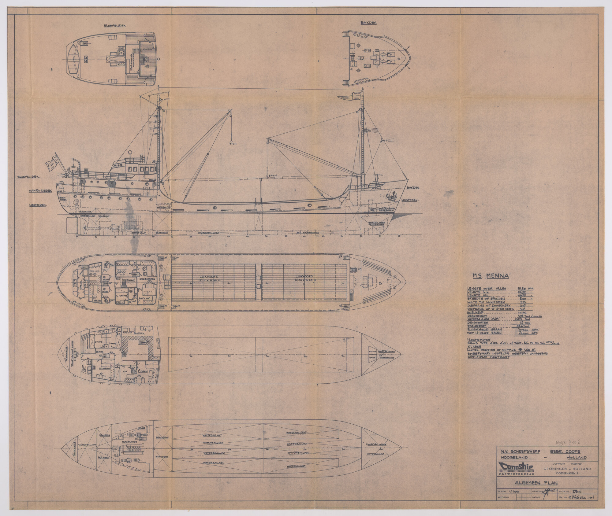 1995.7406; Algemeen plan (1:100) van de coaster ms. 'Menna' van Wijnne & Barends; technische tekening