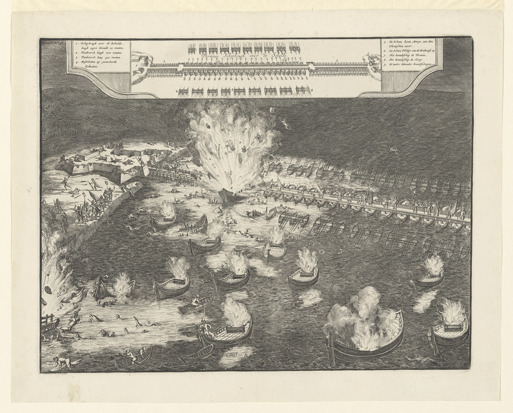 S.0309(05); Het opblazen van de schipbrug van Parma over de Schelde bij Antwerpen; prent