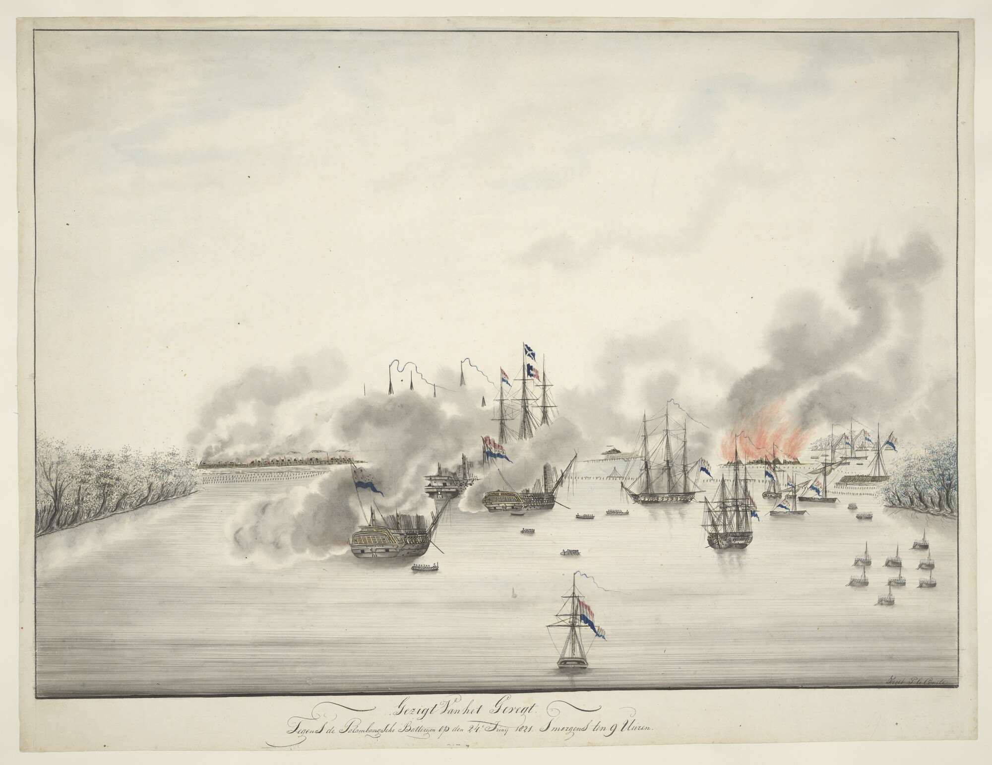 A.2170(03); De beschieting van Palembang., 1821; tekening