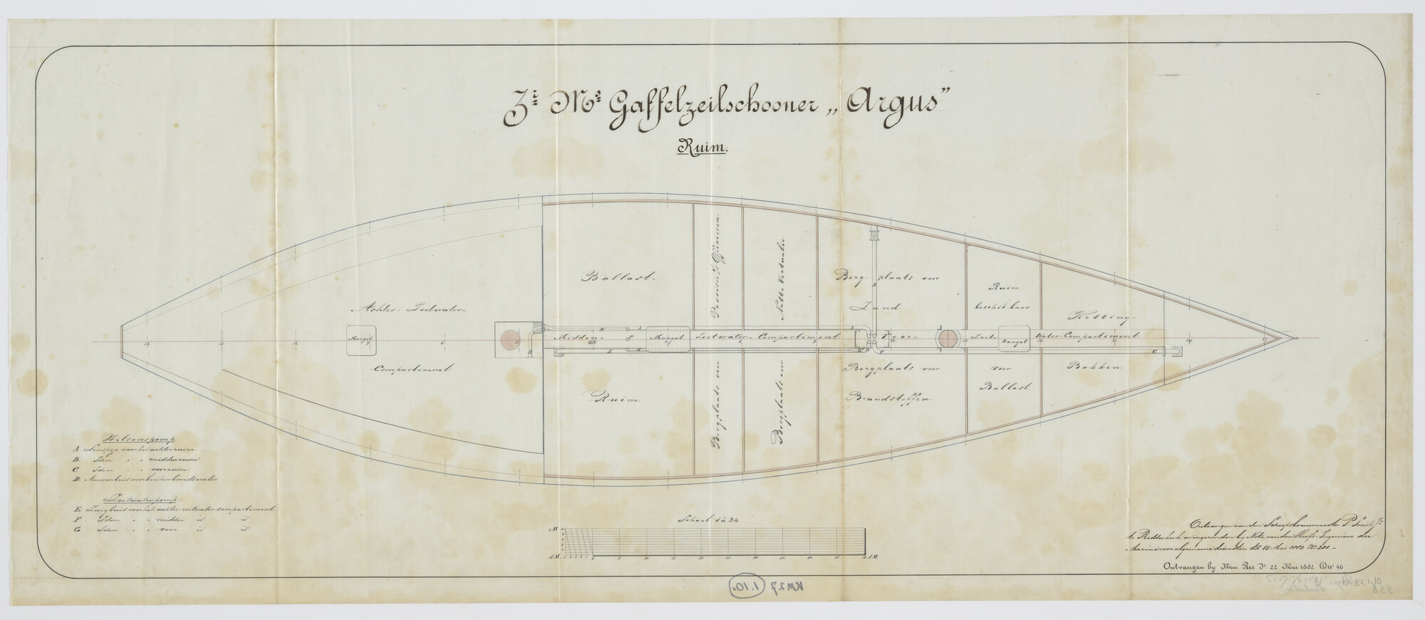 S.2175(4159); Het ruim van Zr.Ms. 'Argus'; technische tekening